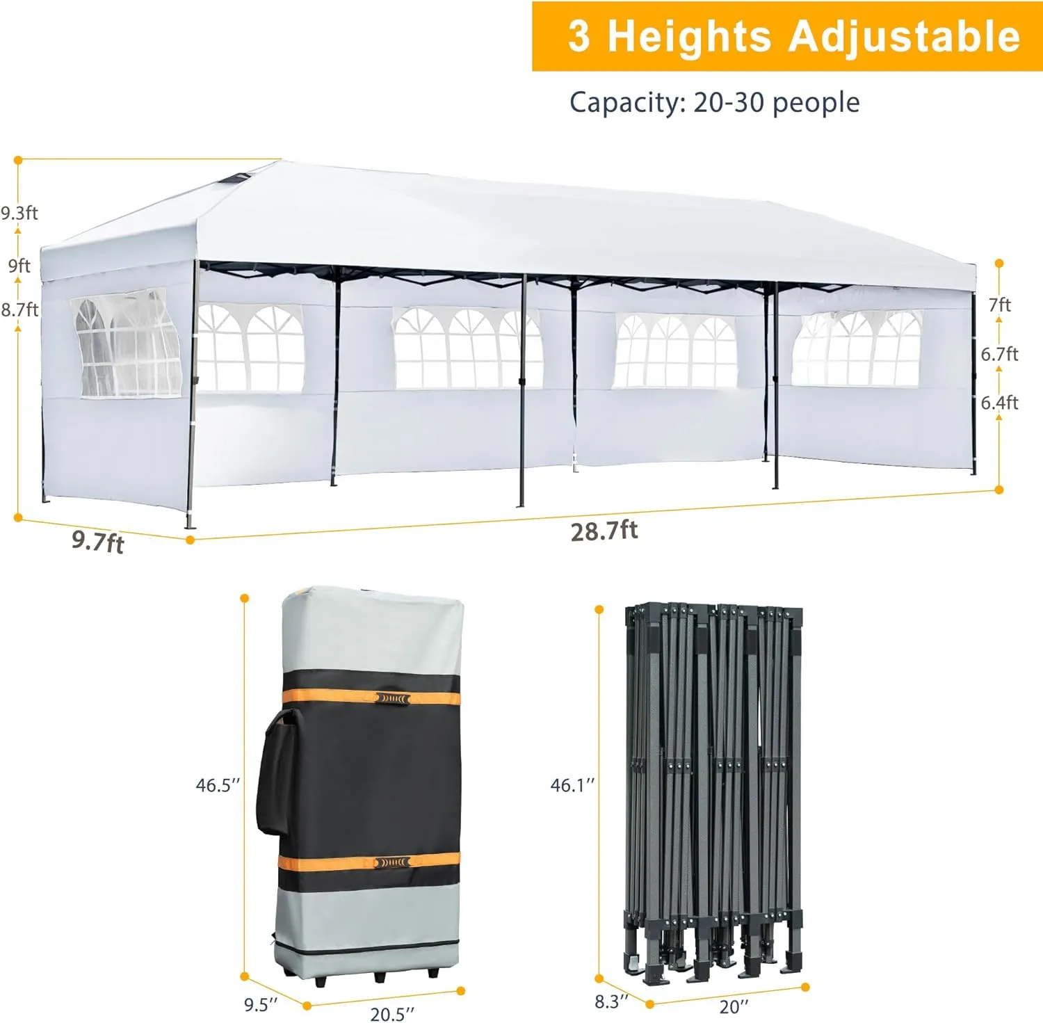 10x30 Pop Up Canopy with Sidewalls, Heavy Duty Outdoor Party Tent with Wheeled Bag, for Patio,Wedding, Backyard White