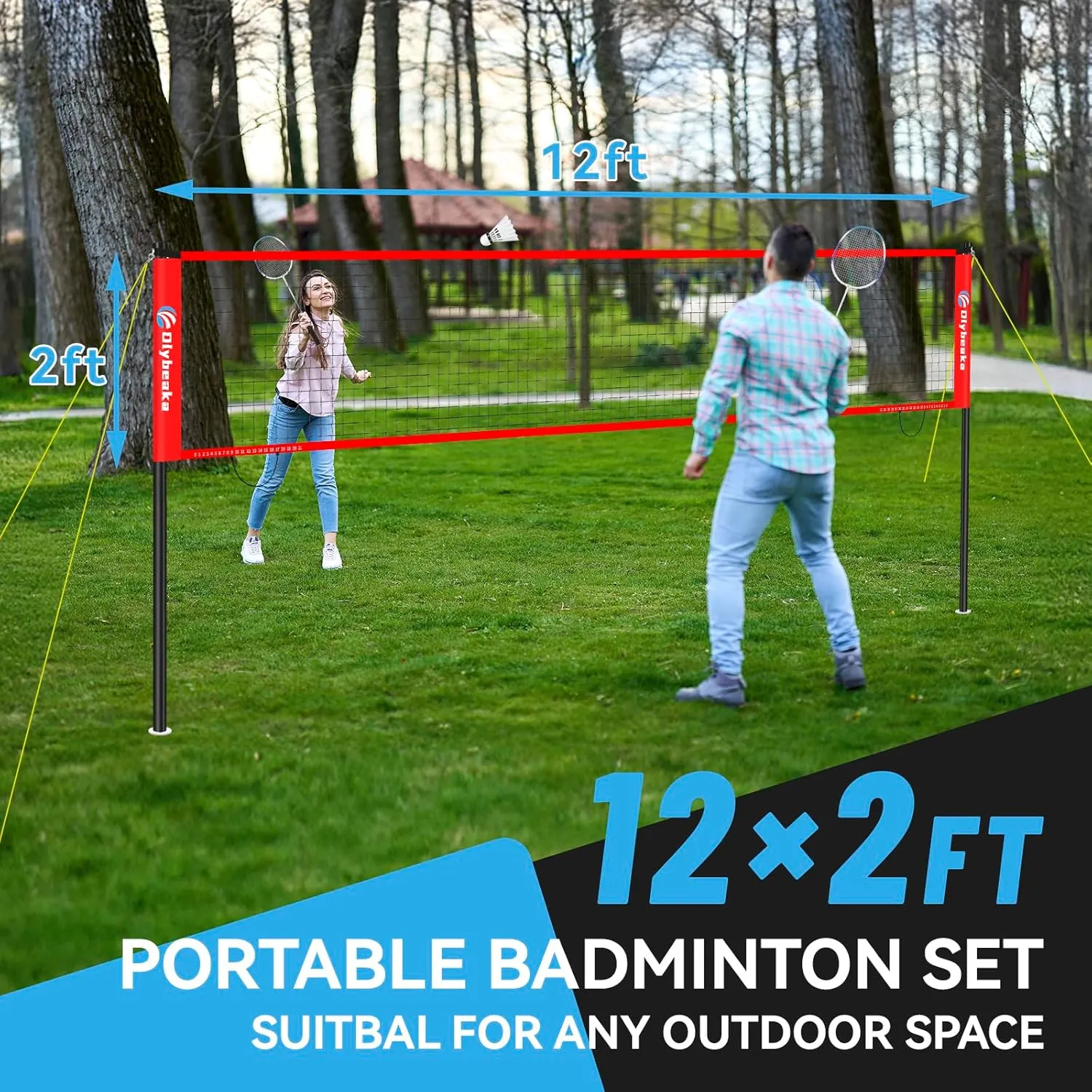 12ft Outdoor Badminton Set for Backyard Beach with 2 Aluminum Badminton Rackets, 3 Shuttlecocks, Carry Bag - Easy Set Up & High Stability Small Badminton Net Set