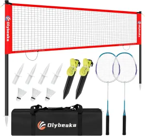12ft Outdoor Badminton Set for Backyard Beach with 2 Aluminum Badminton Rackets, 3 Shuttlecocks, Carry Bag - Easy Set Up & High Stability Small Badminton Net Set