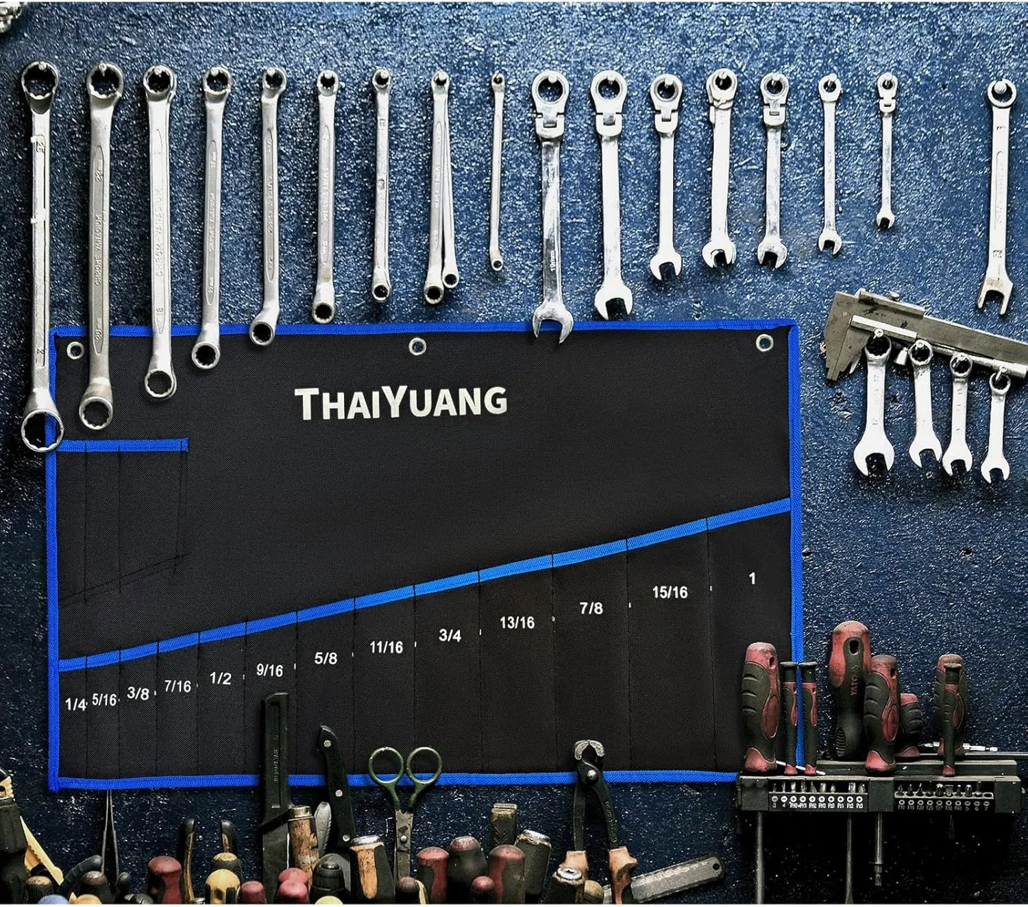 2-Pieces Wrench Roll Up Pouch, Heavy Duty Canvas Tool Wrench Organizer Bag 14pockets Metric  13pockets SAE (Only Pouch)