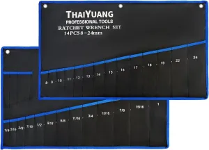2-Pieces Wrench Roll Up Pouch, Heavy Duty Canvas Tool Wrench Organizer Bag 14pockets Metric  13pockets SAE (Only Pouch)