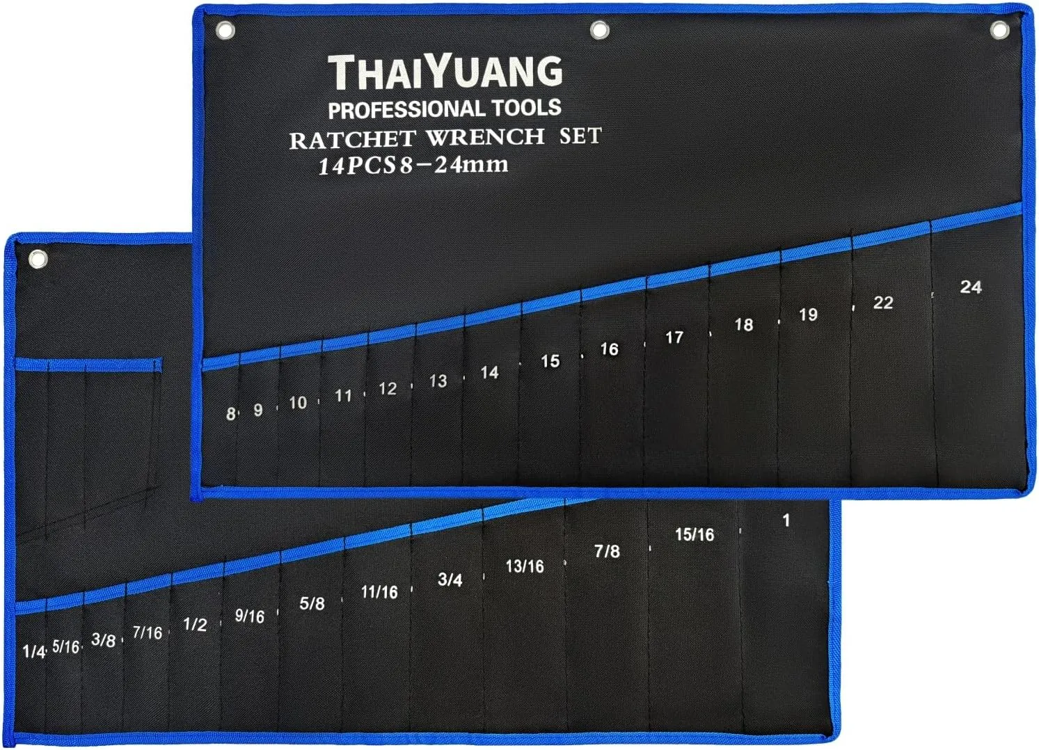 2-Pieces Wrench Roll Up Pouch, Heavy Duty Canvas Tool Wrench Organizer Bag 14pockets Metric  13pockets SAE (Only Pouch)