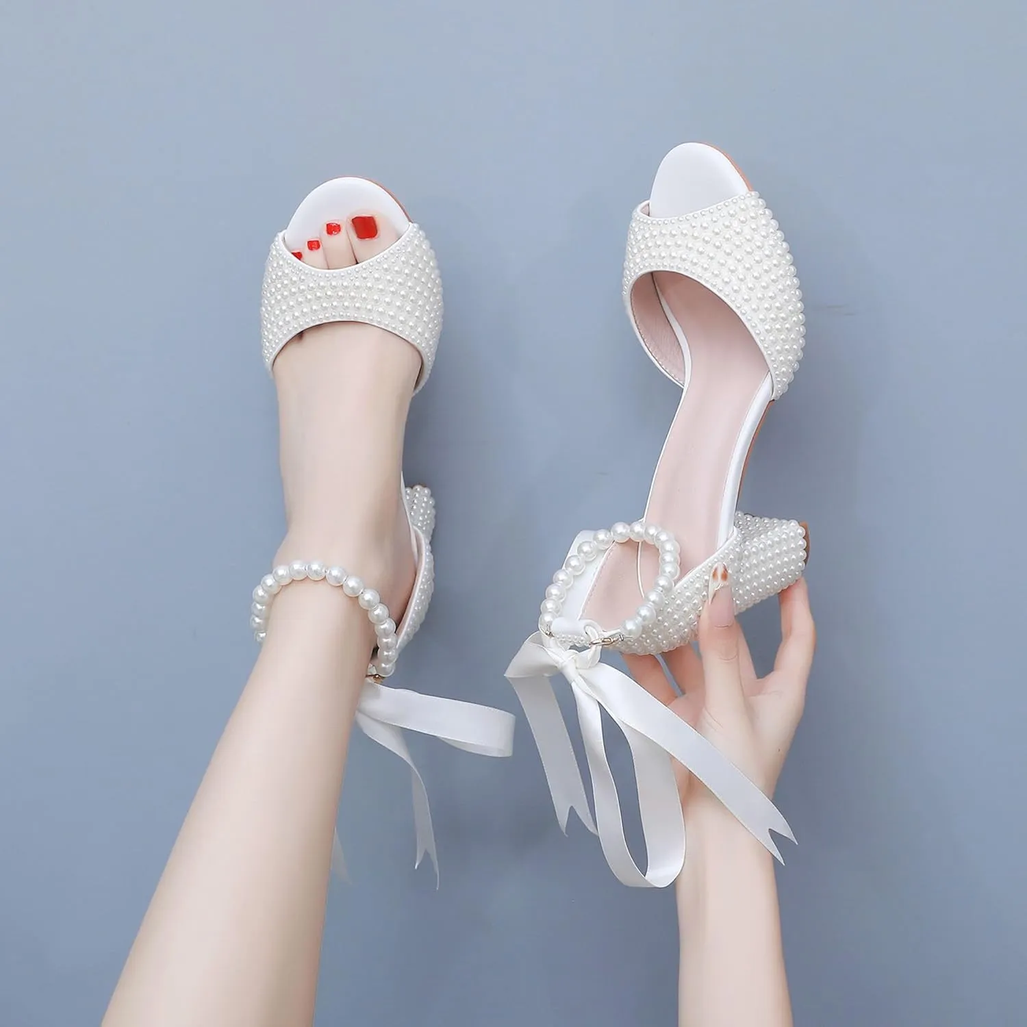 3 Inches Women Open Toe Sandals Square High Heels Banquet White Pearl Ribbon Dress Wedding Shoes