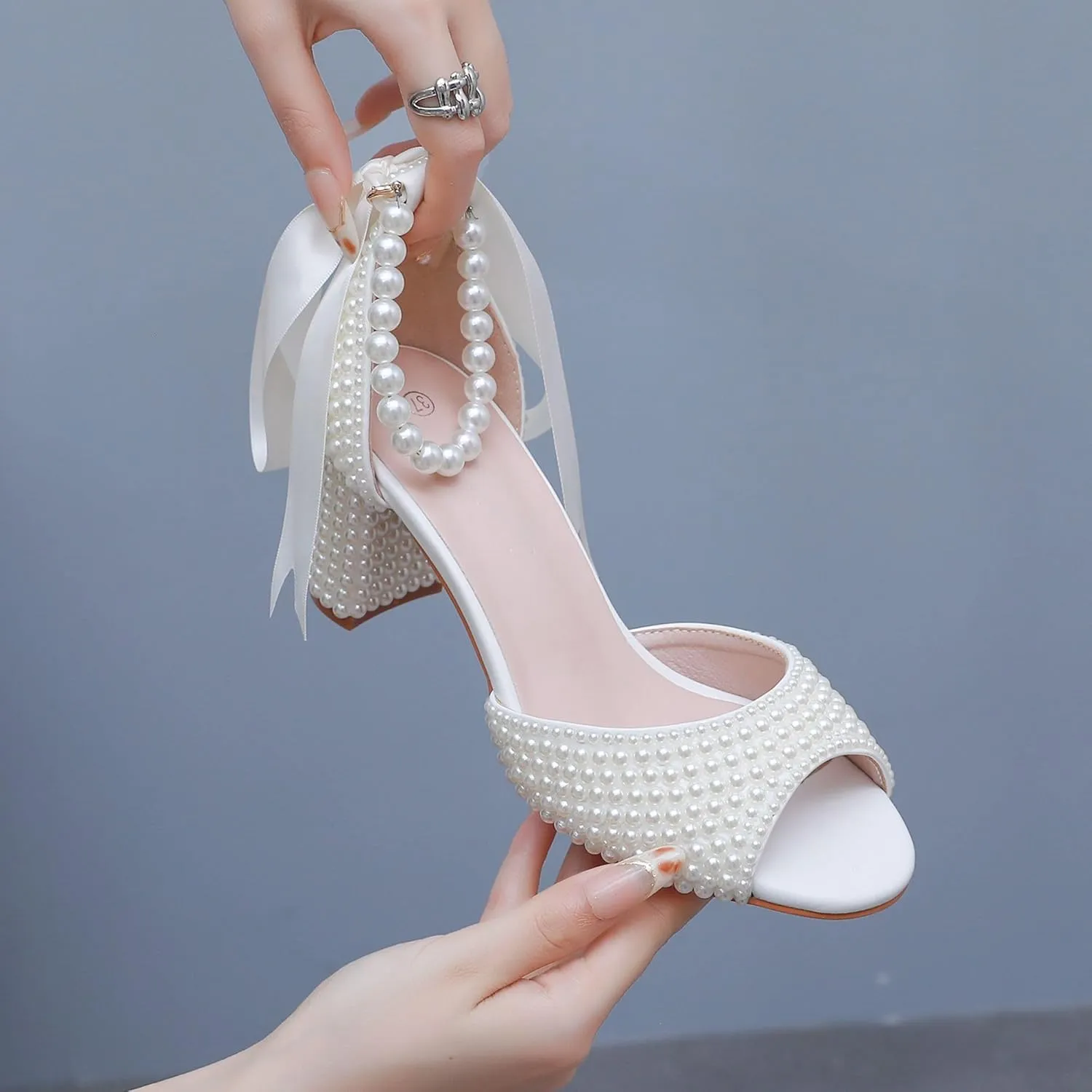 3 Inches Women Open Toe Sandals Square High Heels Banquet White Pearl Ribbon Dress Wedding Shoes