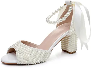3 Inches Women Open Toe Sandals Square High Heels Banquet White Pearl Ribbon Dress Wedding Shoes