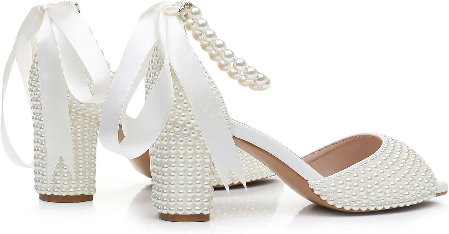 3 Inches Women Open Toe Sandals Square High Heels Banquet White Pearl Ribbon Dress Wedding Shoes