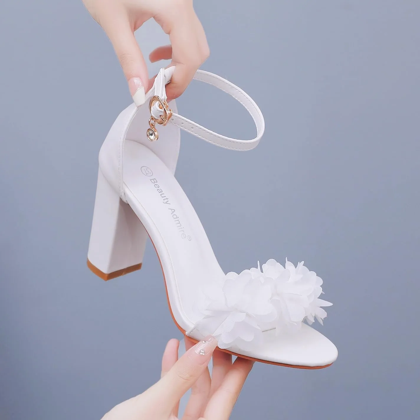3.75 Inches Ankle Strap Block Heel Sandals WomenThick Chunky Heels Open Toe White Lace Bridal Wedding Sandals Shoes