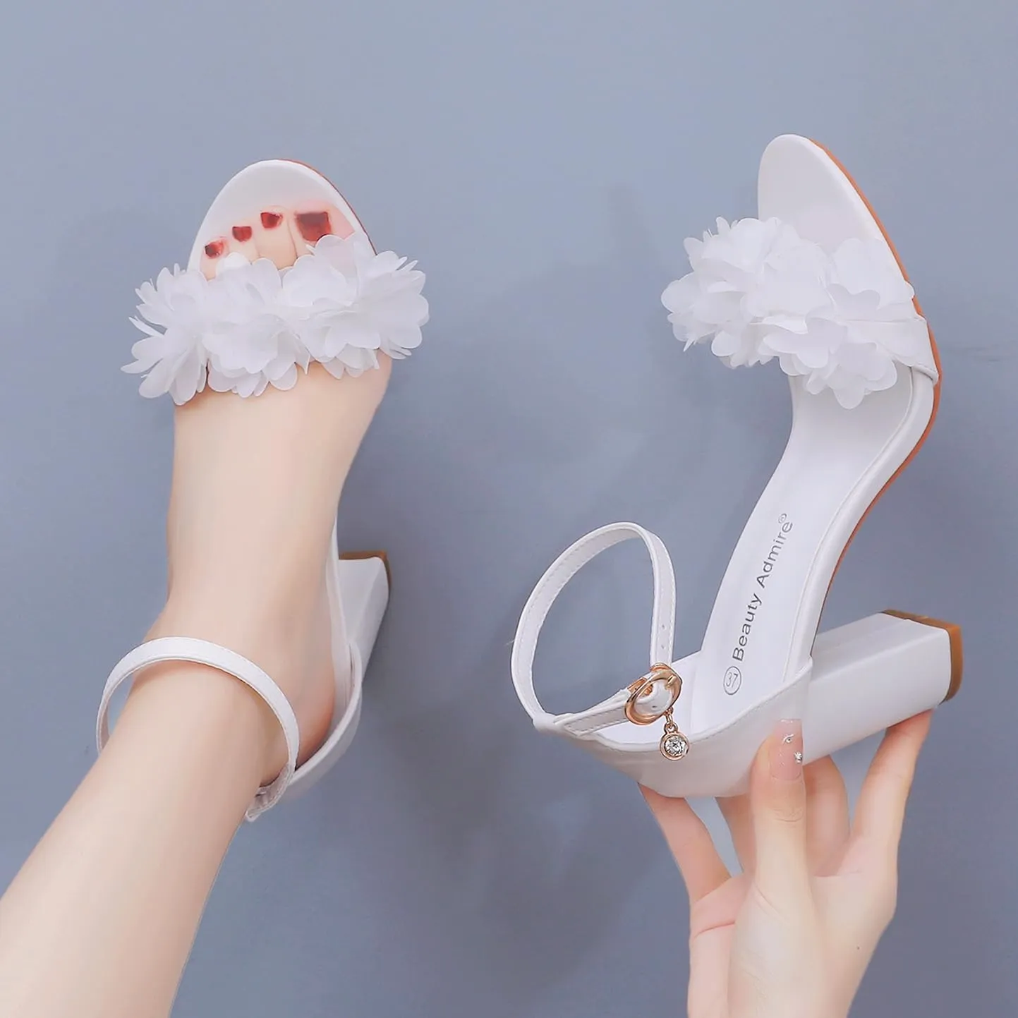 3.75 Inches Ankle Strap Block Heel Sandals WomenThick Chunky Heels Open Toe White Lace Bridal Wedding Sandals Shoes