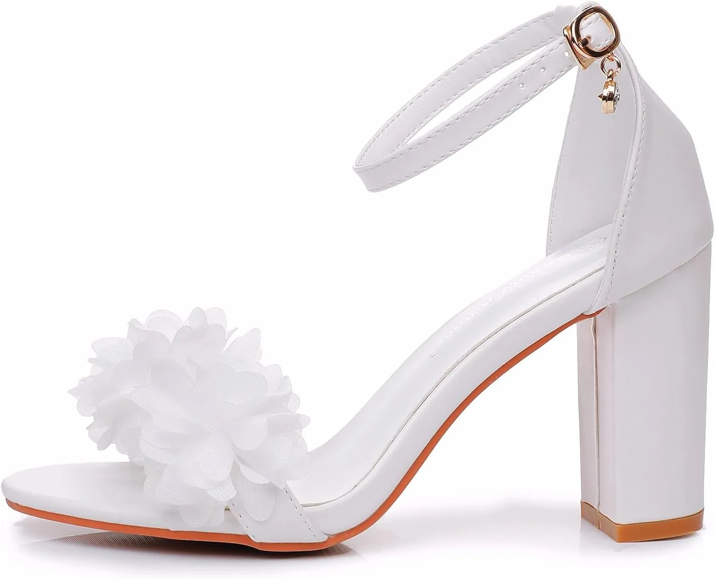 3.75 Inches Ankle Strap Block Heel Sandals WomenThick Chunky Heels Open Toe White Lace Bridal Wedding Sandals Shoes