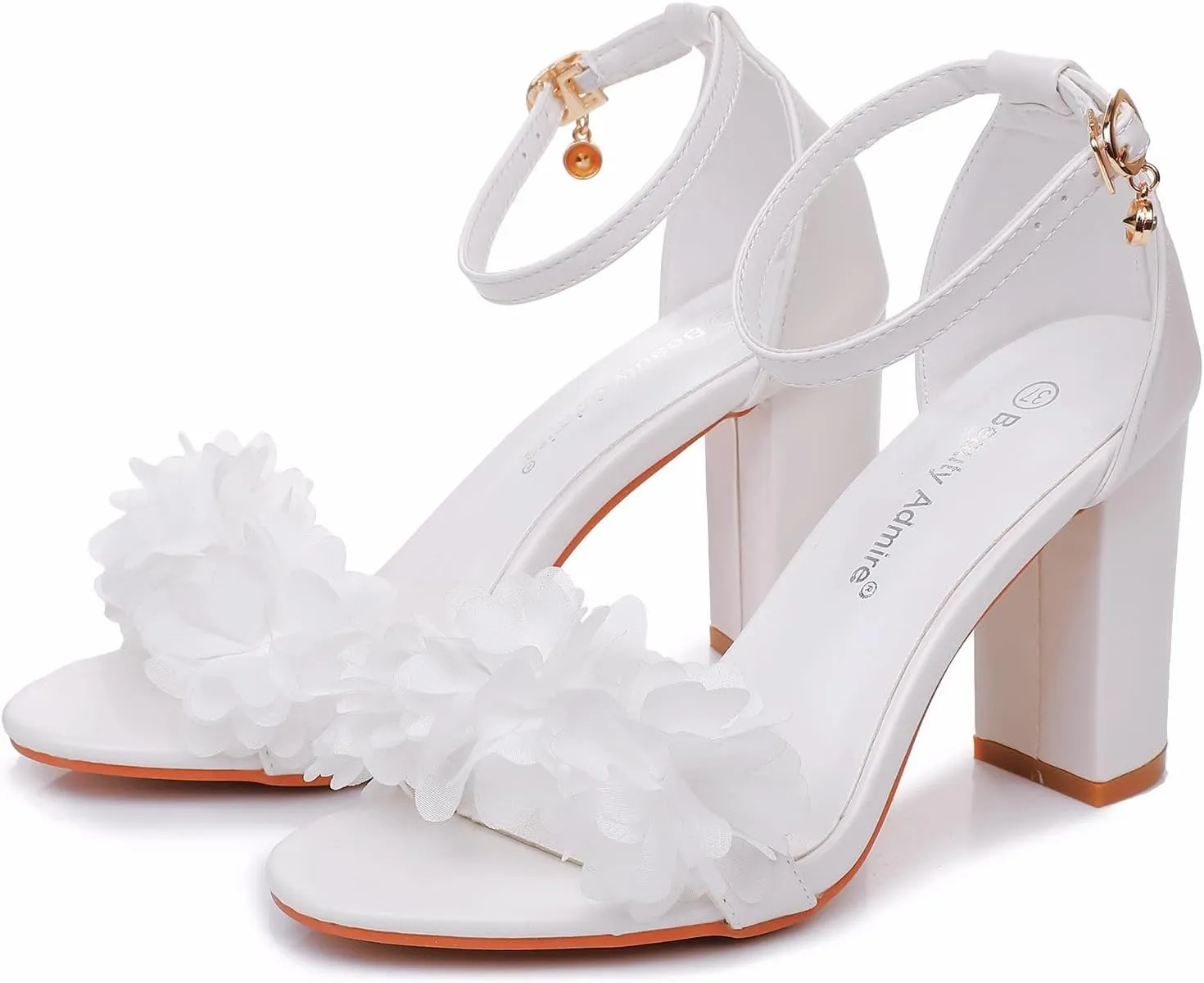3.75 Inches Ankle Strap Block Heel Sandals WomenThick Chunky Heels Open Toe White Lace Bridal Wedding Sandals Shoes