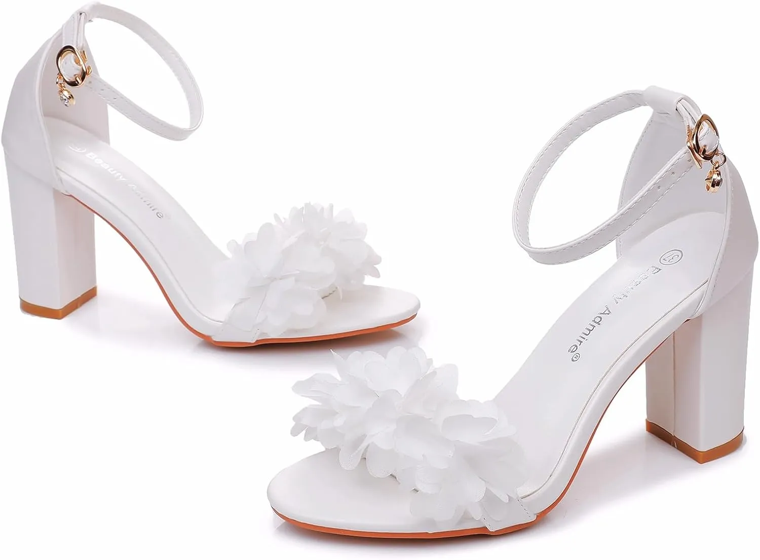 3.75 Inches Ankle Strap Block Heel Sandals WomenThick Chunky Heels Open Toe White Lace Bridal Wedding Sandals Shoes