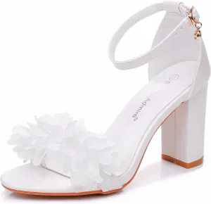 3.75 Inches Ankle Strap Block Heel Sandals WomenThick Chunky Heels Open Toe White Lace Bridal Wedding Sandals Shoes