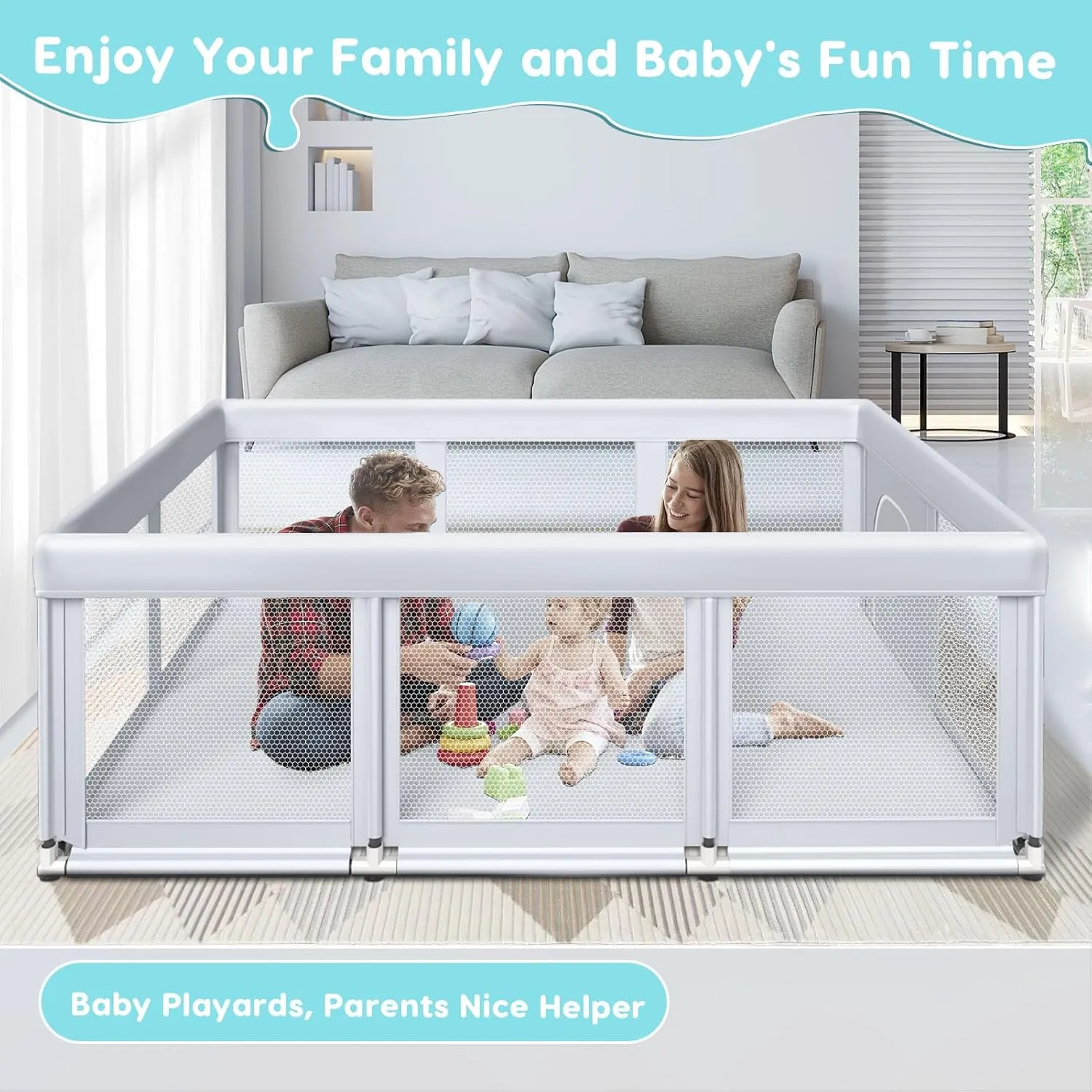 74" ×50" Large Baby Playpen, Baby Playard for Babies and Toddlers, Play Fence Play Pens for Indoor & Outdoor, Sturdy Safety Play Yard with Soft Breathable Mesh, Anti-Fall, Grey