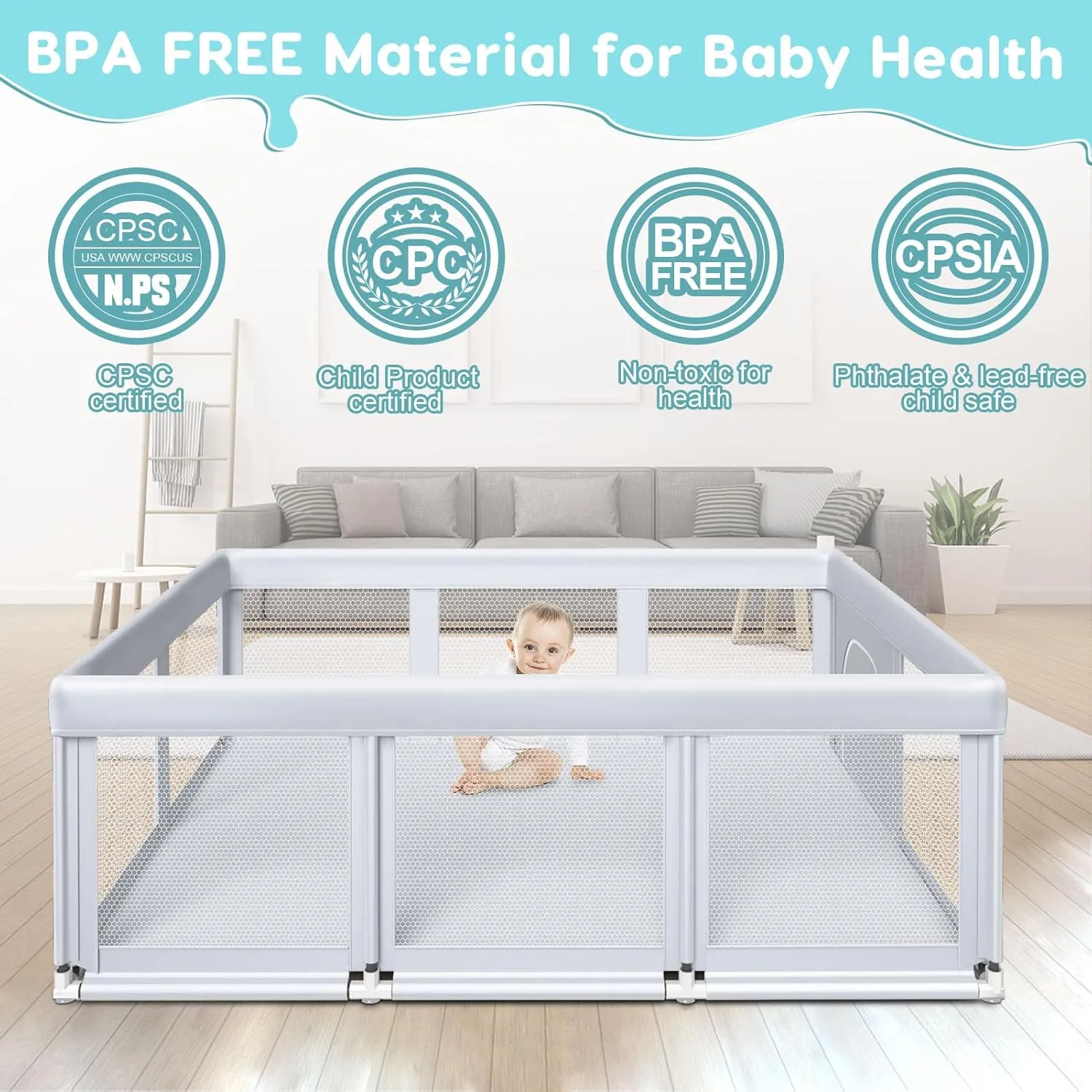 74" ×50" Large Baby Playpen, Baby Playard for Babies and Toddlers, Play Fence Play Pens for Indoor & Outdoor, Sturdy Safety Play Yard with Soft Breathable Mesh, Anti-Fall, Grey