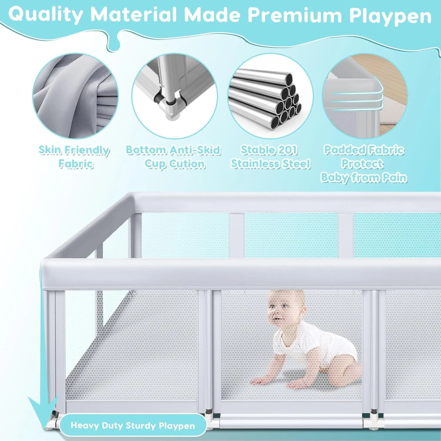 74" ×50" Large Baby Playpen, Baby Playard for Babies and Toddlers, Play Fence Play Pens for Indoor & Outdoor, Sturdy Safety Play Yard with Soft Breathable Mesh, Anti-Fall, Grey