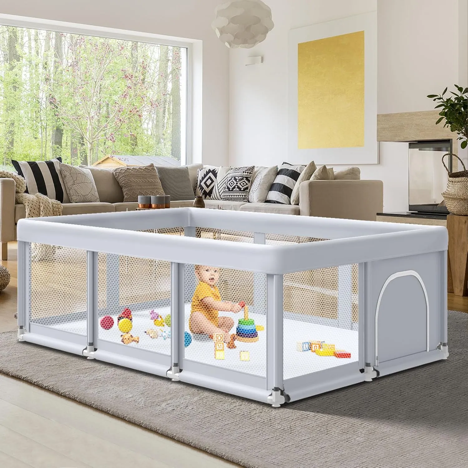 74" ×50" Large Baby Playpen, Baby Playard for Babies and Toddlers, Play Fence Play Pens for Indoor & Outdoor, Sturdy Safety Play Yard with Soft Breathable Mesh, Anti-Fall, Grey