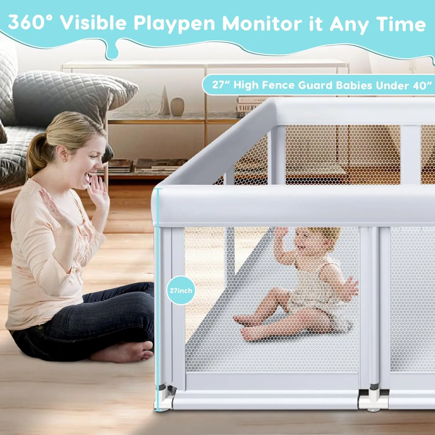 74" ×50" Large Baby Playpen, Baby Playard for Babies and Toddlers, Play Fence Play Pens for Indoor & Outdoor, Sturdy Safety Play Yard with Soft Breathable Mesh, Anti-Fall, Grey
