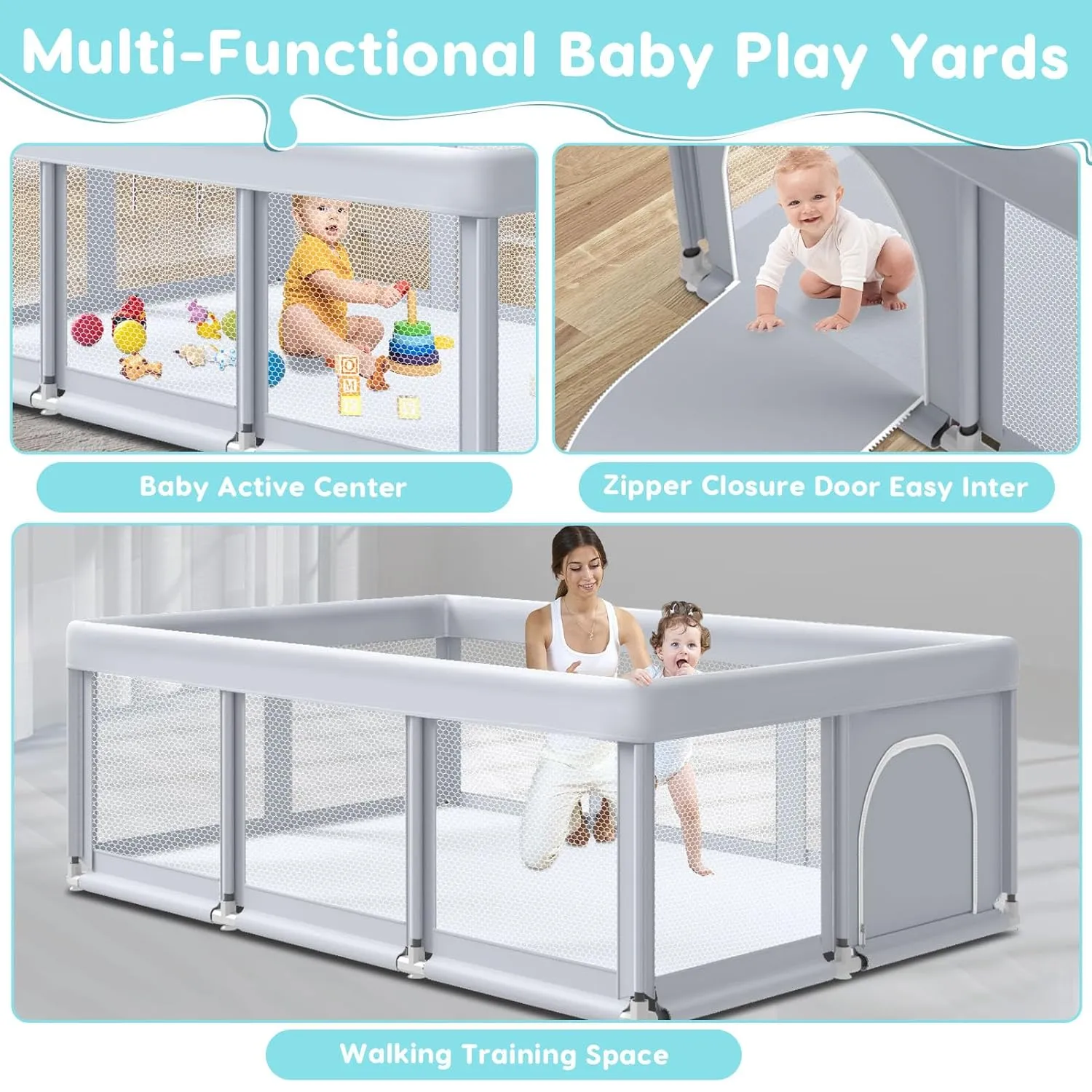 74" ×50" Large Baby Playpen, Baby Playard for Babies and Toddlers, Play Fence Play Pens for Indoor & Outdoor, Sturdy Safety Play Yard with Soft Breathable Mesh, Anti-Fall, Grey