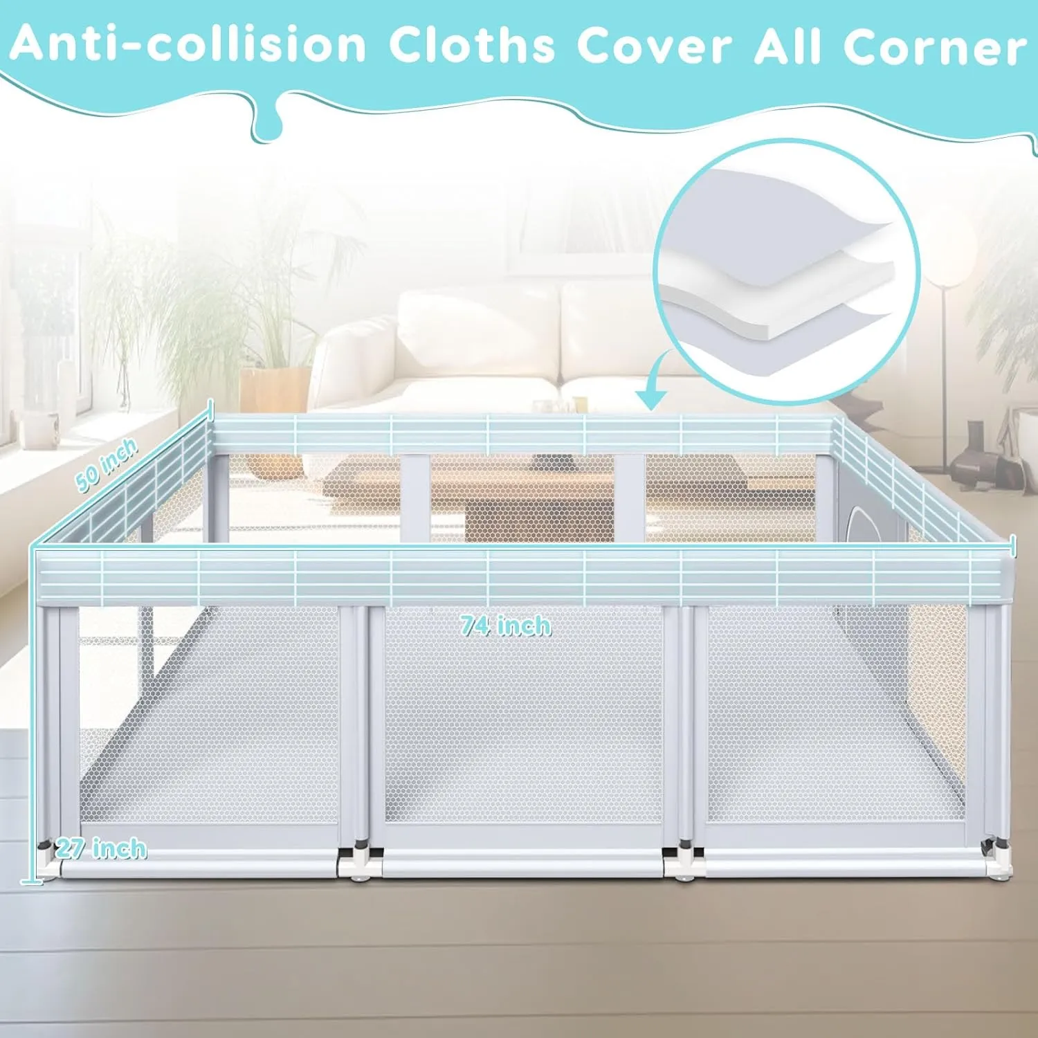 74" ×50" Large Baby Playpen, Baby Playard for Babies and Toddlers, Play Fence Play Pens for Indoor & Outdoor, Sturdy Safety Play Yard with Soft Breathable Mesh, Anti-Fall, Grey