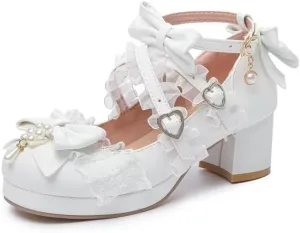 Agodor Women's Cute Bow High Heels Shoes Chunky Platform Mary Jane Cosplay Strappy Pumps Shoes