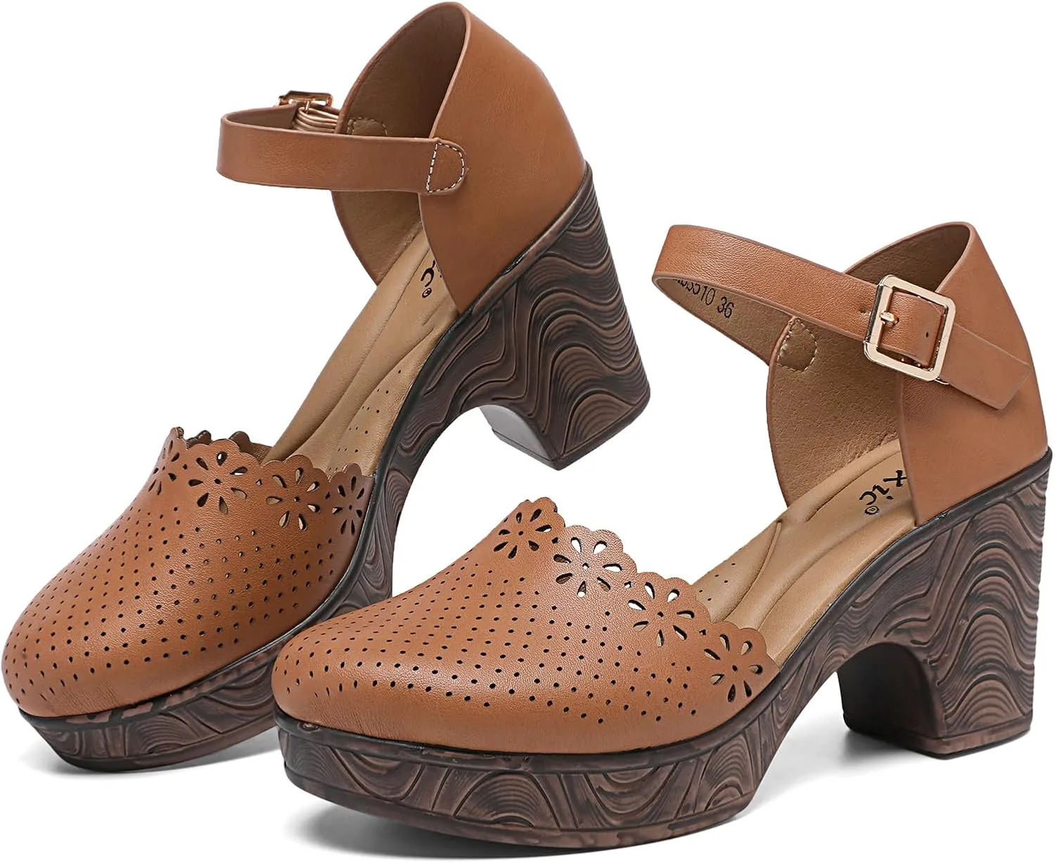 Altxic Women's Closed Round Toe Hollow Out Vamp Ankle Strap Buckle Low Block Chunky Heels Sandals