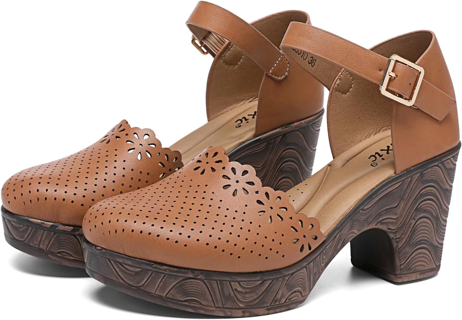 Altxic Women's Closed Round Toe Hollow Out Vamp Ankle Strap Buckle Low Block Chunky Heels Sandals