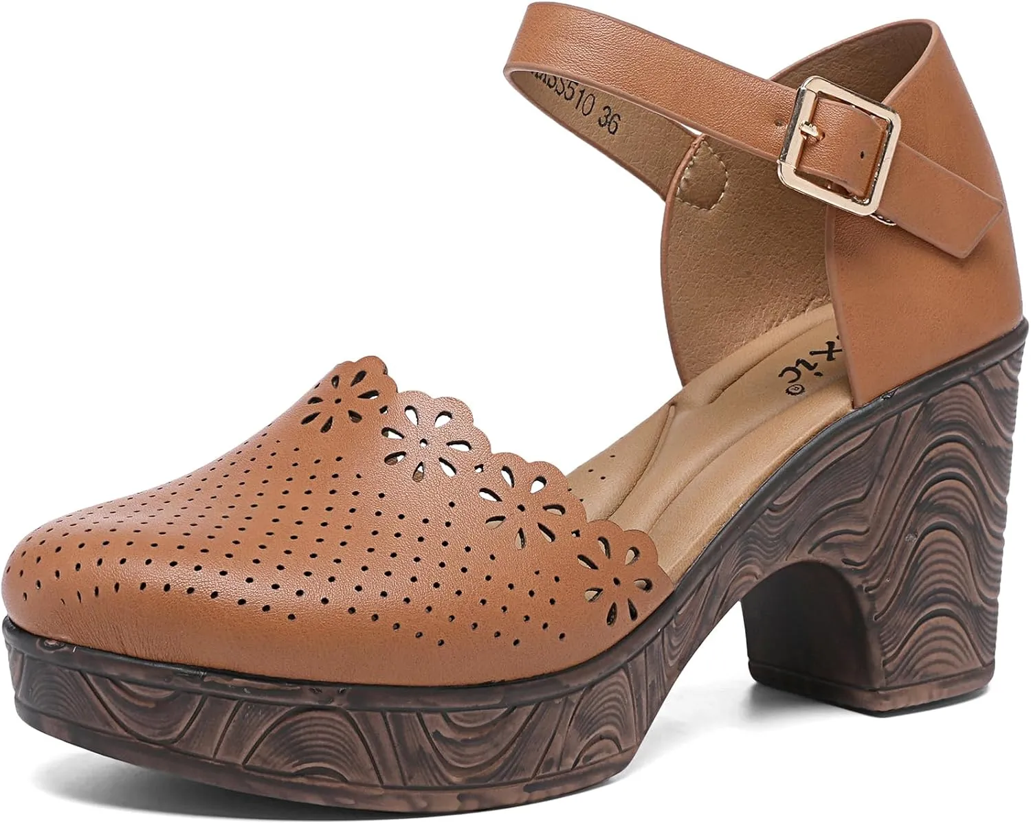 Altxic Women's Closed Round Toe Hollow Out Vamp Ankle Strap Buckle Low Block Chunky Heels Sandals