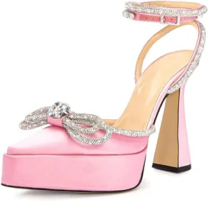 Arqa Women's Rhinestone Bow Platforms,Diamond Ankle Strap Pumps Chunky Heel Wedding Slingback Pump