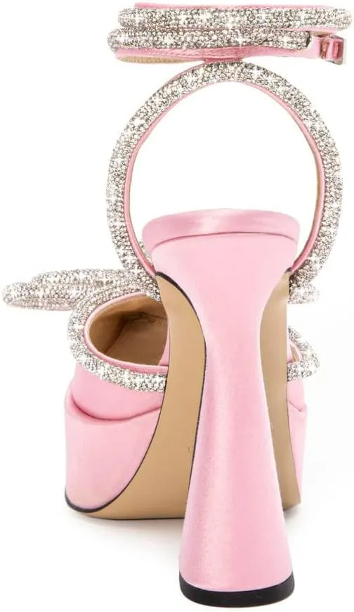 Arqa Women's Rhinestone Bow Platforms,Diamond Ankle Strap Pumps Chunky Heel Wedding Slingback Pump