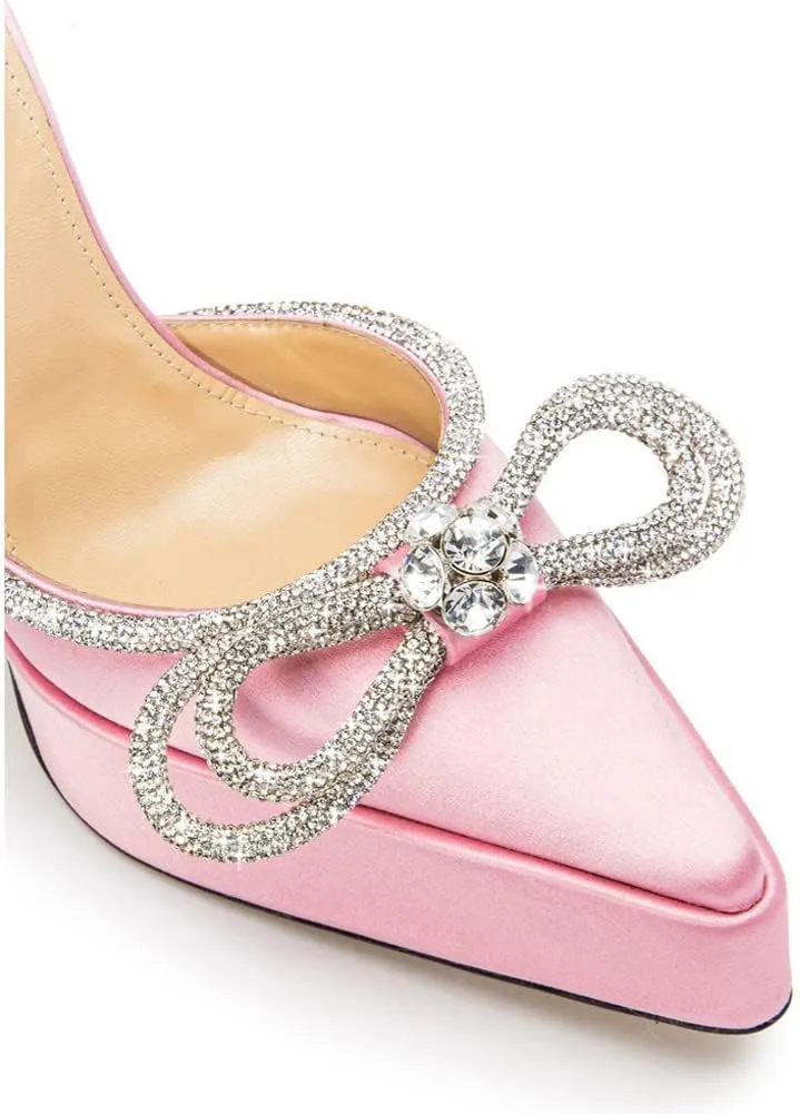 Arqa Women's Rhinestone Bow Platforms,Diamond Ankle Strap Pumps Chunky Heel Wedding Slingback Pump