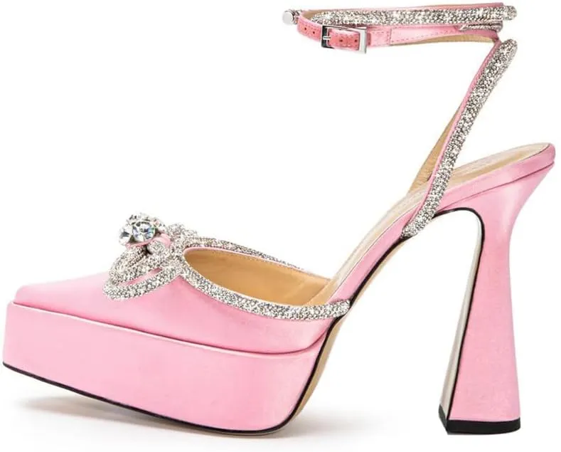 Arqa Women's Rhinestone Bow Platforms,Diamond Ankle Strap Pumps Chunky Heel Wedding Slingback Pump