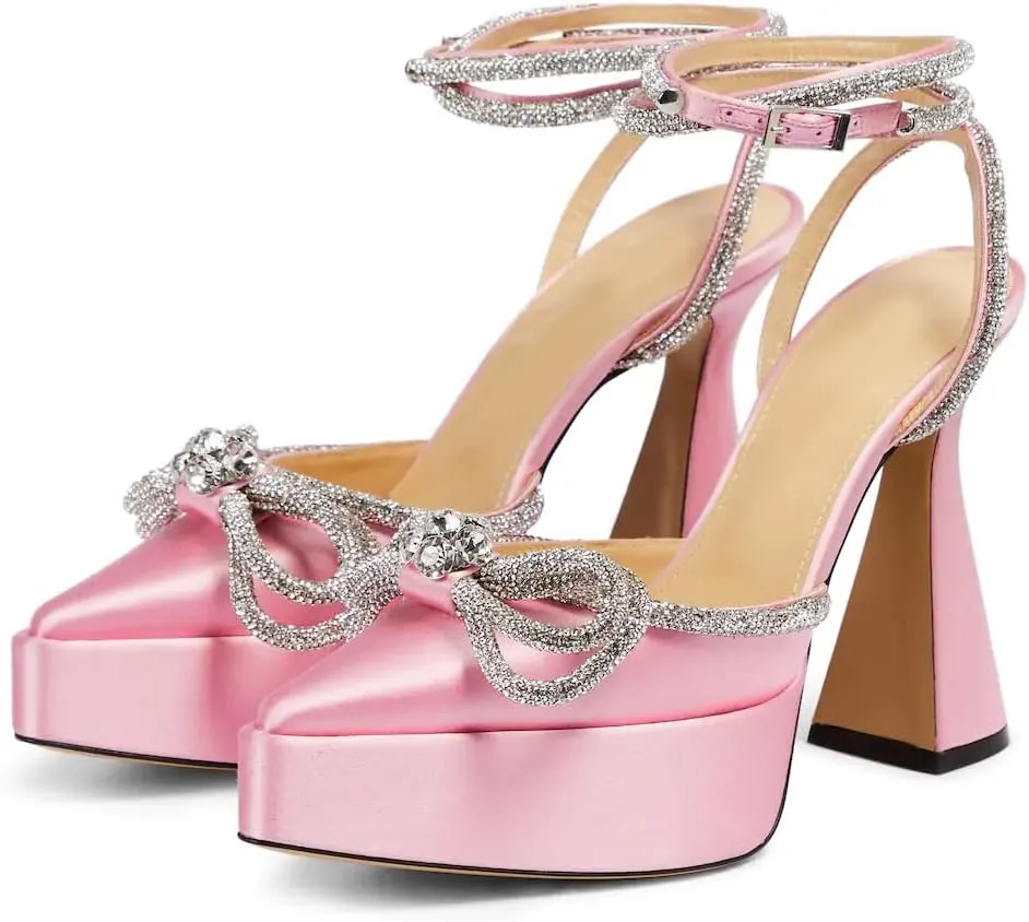 Arqa Women's Rhinestone Bow Platforms,Diamond Ankle Strap Pumps Chunky Heel Wedding Slingback Pump