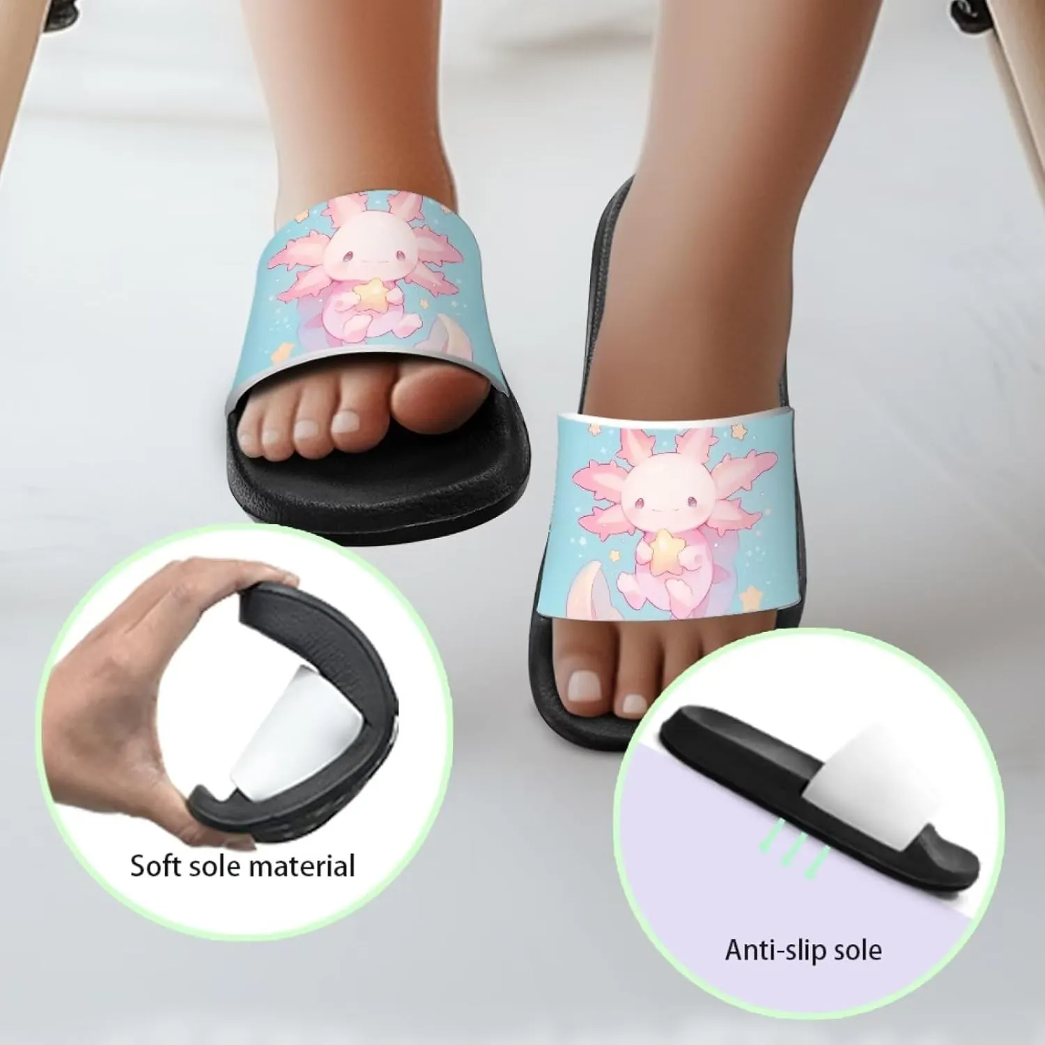 Axolotls Kids Sandals Summer Non Slip Open Toe Slippers for Boys Girls Cute Shower Beach Shoes Soft Footbed One Slide Sandal Lightweight Casual Outdoor Indoor Slipper
