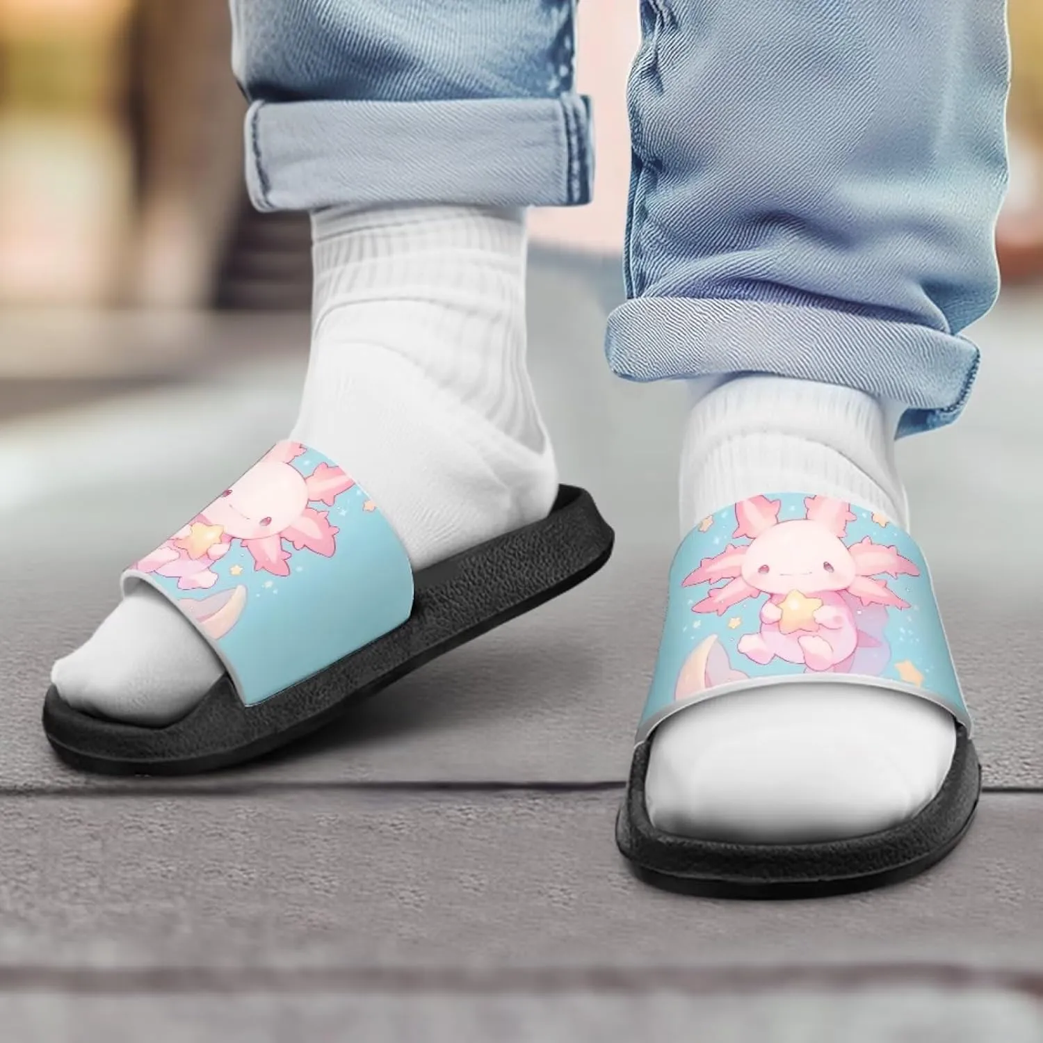 Axolotls Kids Sandals Summer Non Slip Open Toe Slippers for Boys Girls Cute Shower Beach Shoes Soft Footbed One Slide Sandal Lightweight Casual Outdoor Indoor Slipper