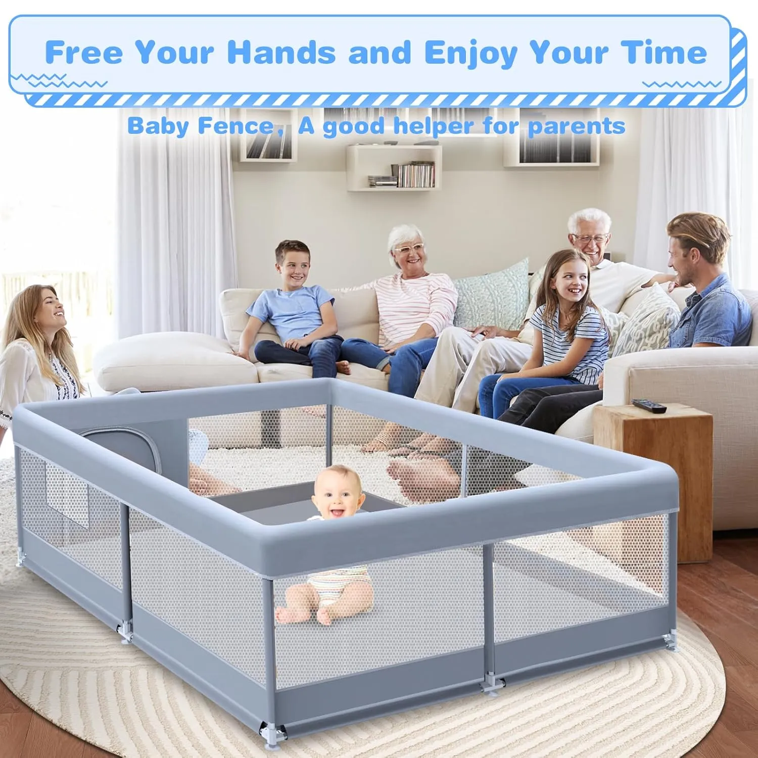 Baby Playpen 50 x 50 Inch Play Pen Playards, Playpen for Babies and Toddlers, Baby Playard for Indoor & Outdoor Active Center Game Fence, with Skin-Friendly Fabric and Soft Breathable Mesh Grey