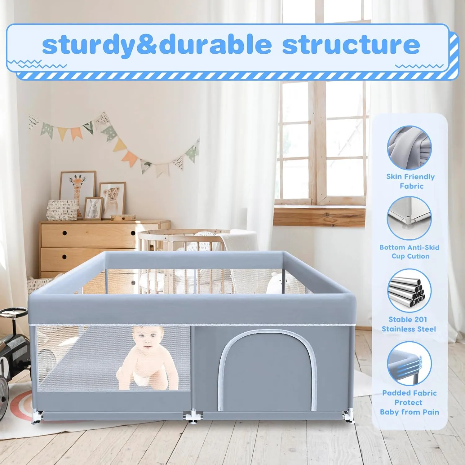 Baby Playpen 50 x 50 Inch Play Pen Playards, Playpen for Babies and Toddlers, Baby Playard for Indoor & Outdoor Active Center Game Fence, with Skin-Friendly Fabric and Soft Breathable Mesh Grey