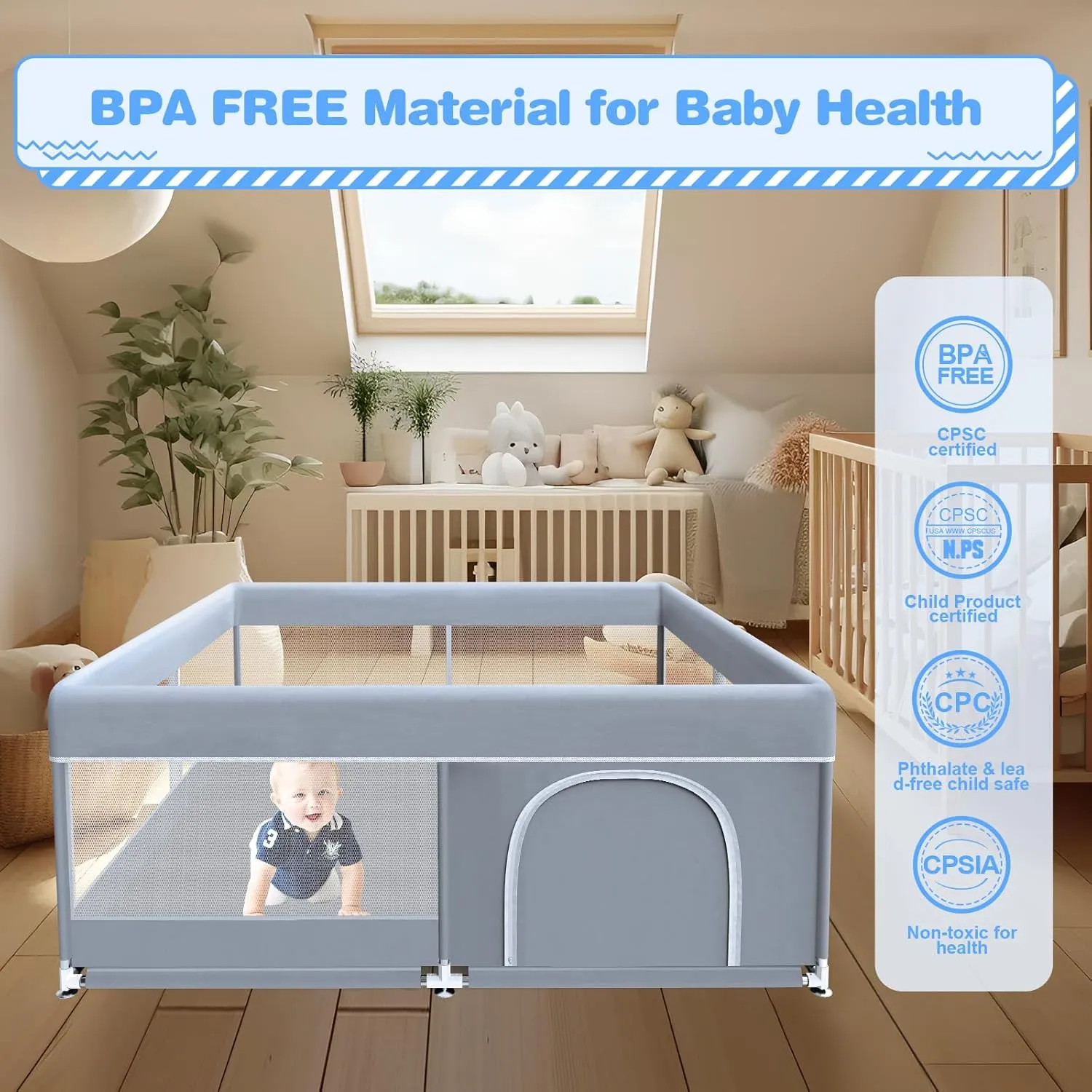 Baby Playpen 50 x 50 Inch Play Pen Playards, Playpen for Babies and Toddlers, Baby Playard for Indoor & Outdoor Active Center Game Fence, with Skin-Friendly Fabric and Soft Breathable Mesh Grey