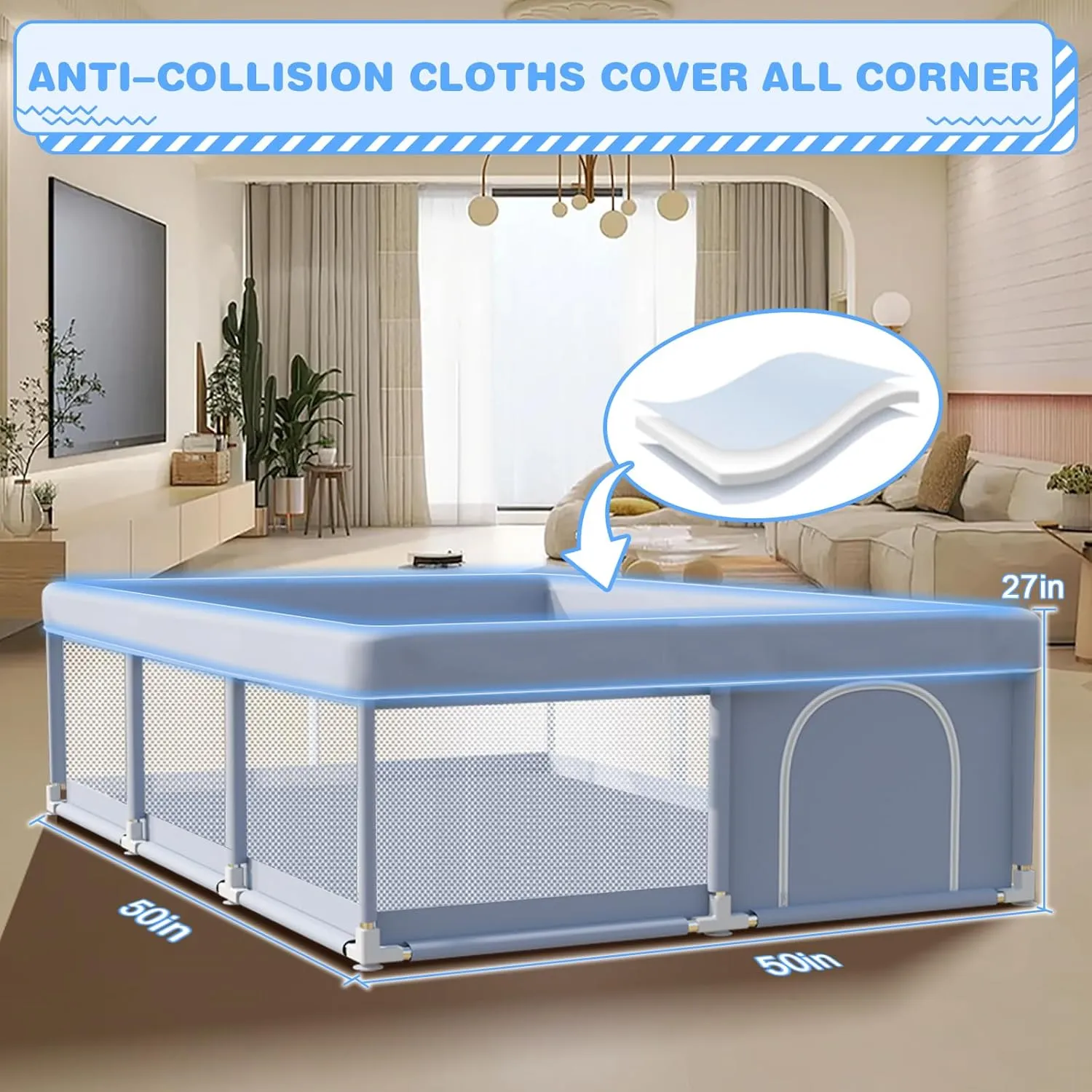 Baby Playpen 50 x 50 Inch Play Pen Playards, Playpen for Babies and Toddlers, Baby Playard for Indoor & Outdoor Active Center Game Fence, with Skin-Friendly Fabric and Soft Breathable Mesh Grey