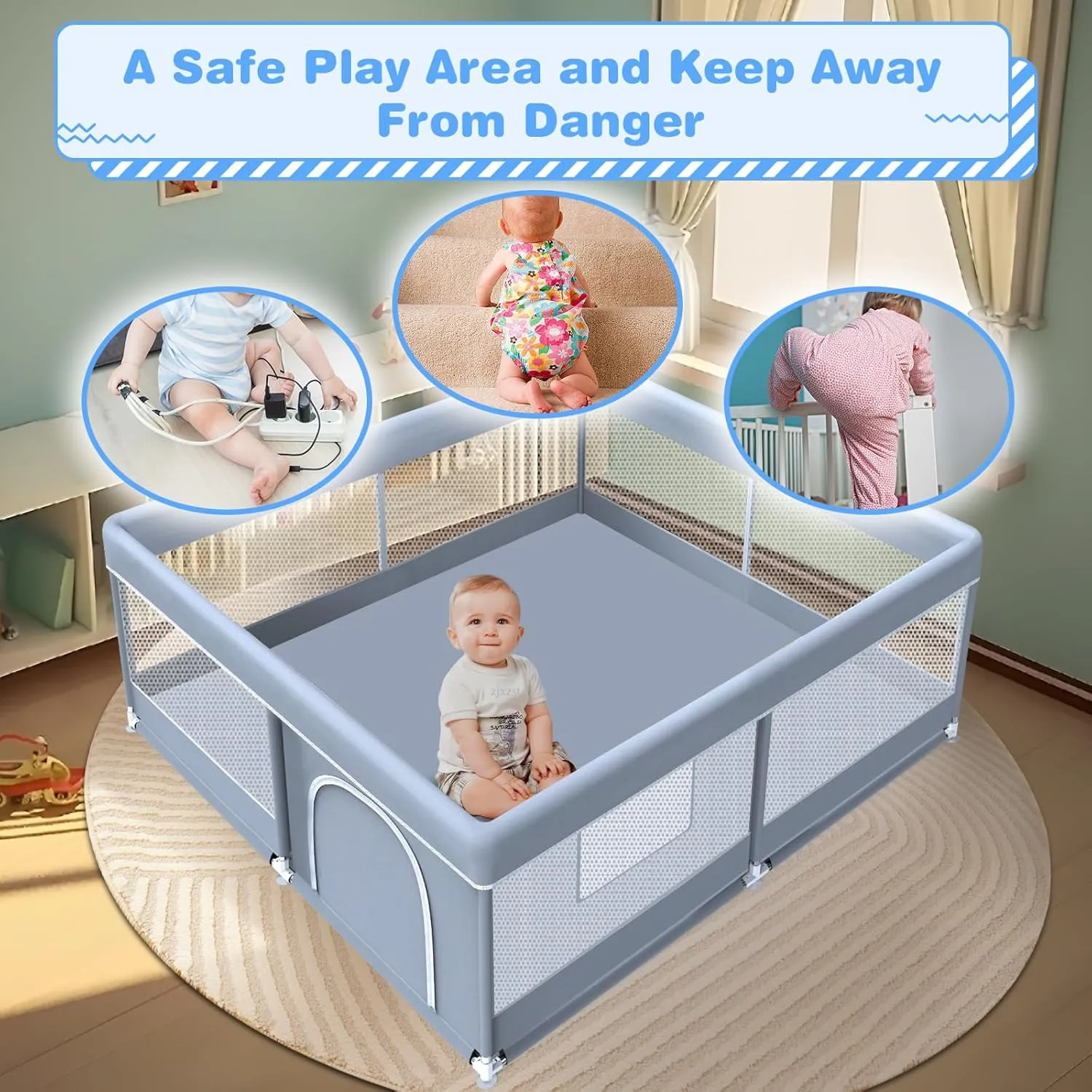 Baby Playpen 50 x 50 Inch Play Pen Playards, Playpen for Babies and Toddlers, Baby Playard for Indoor & Outdoor Active Center Game Fence, with Skin-Friendly Fabric and Soft Breathable Mesh Grey