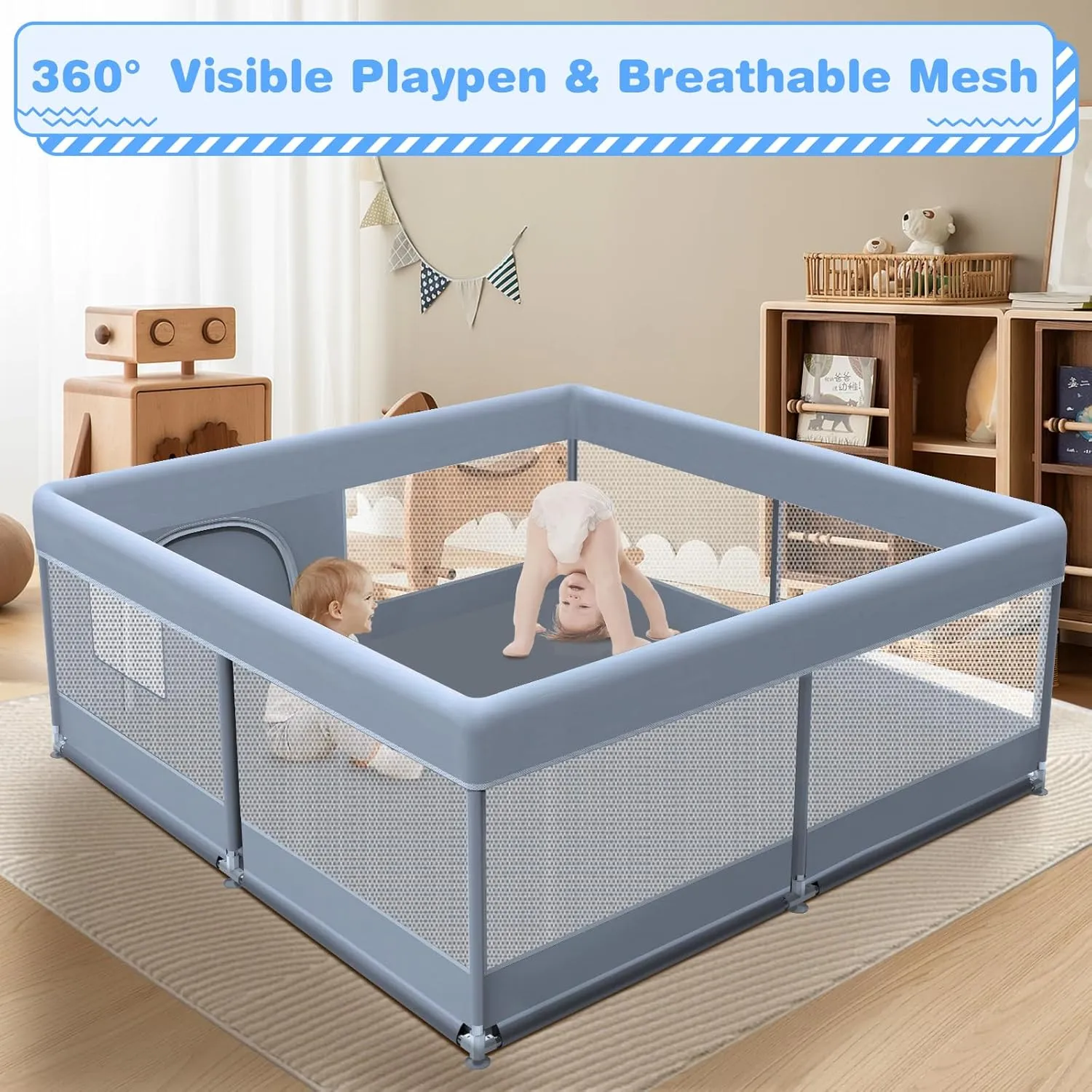 Baby Playpen 50 x 50 Inch Play Pen Playards, Playpen for Babies and Toddlers, Baby Playard for Indoor & Outdoor Active Center Game Fence, with Skin-Friendly Fabric and Soft Breathable Mesh Grey