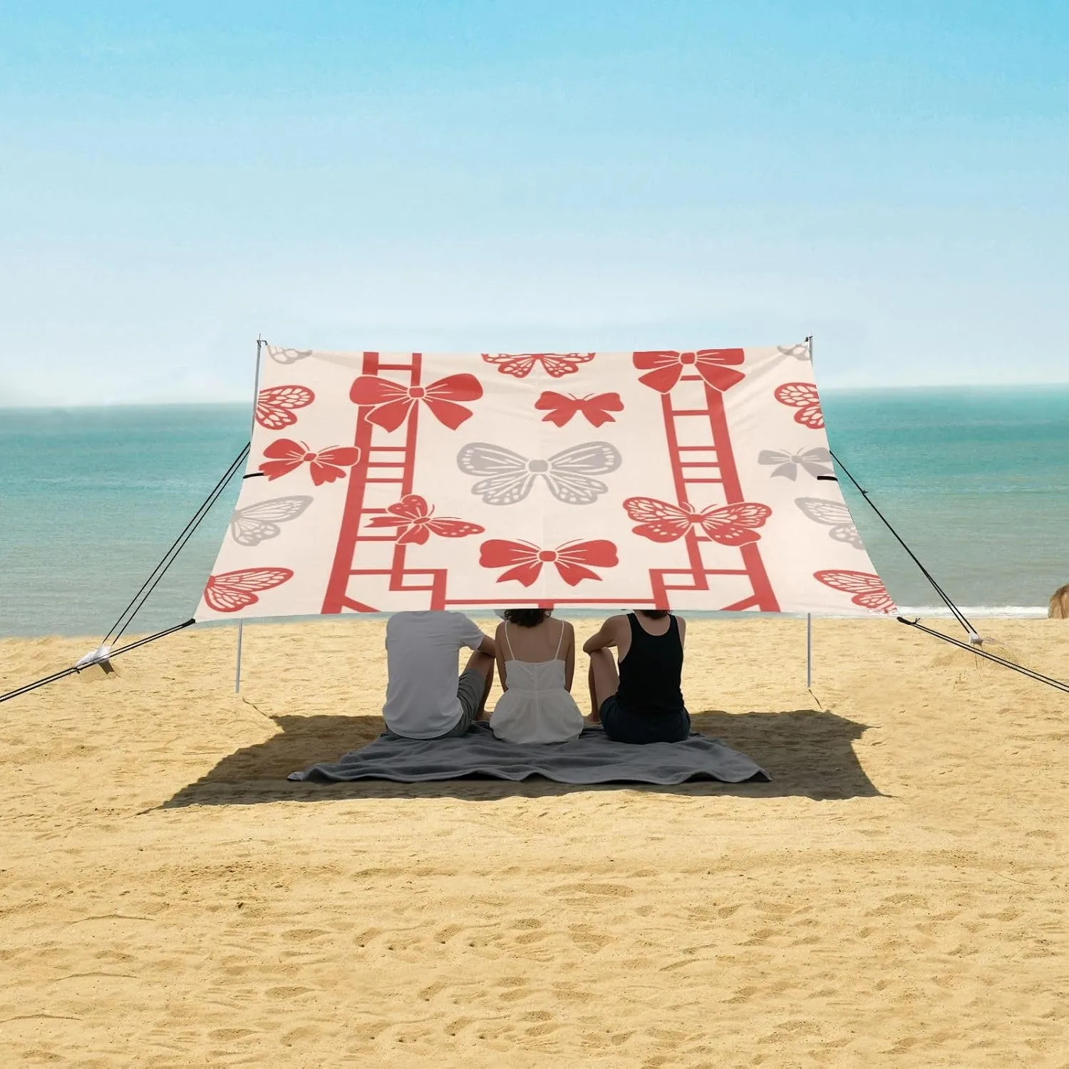 Beach Shade Tent with UPF50  UV Protection,Chinese Style Red Bows Lightweight Camping Sun Shelter for Outdoor,Camping Trips, Fishing, Backyard,Picnics,Easy Set Up and Carry 9x10.5 FT
