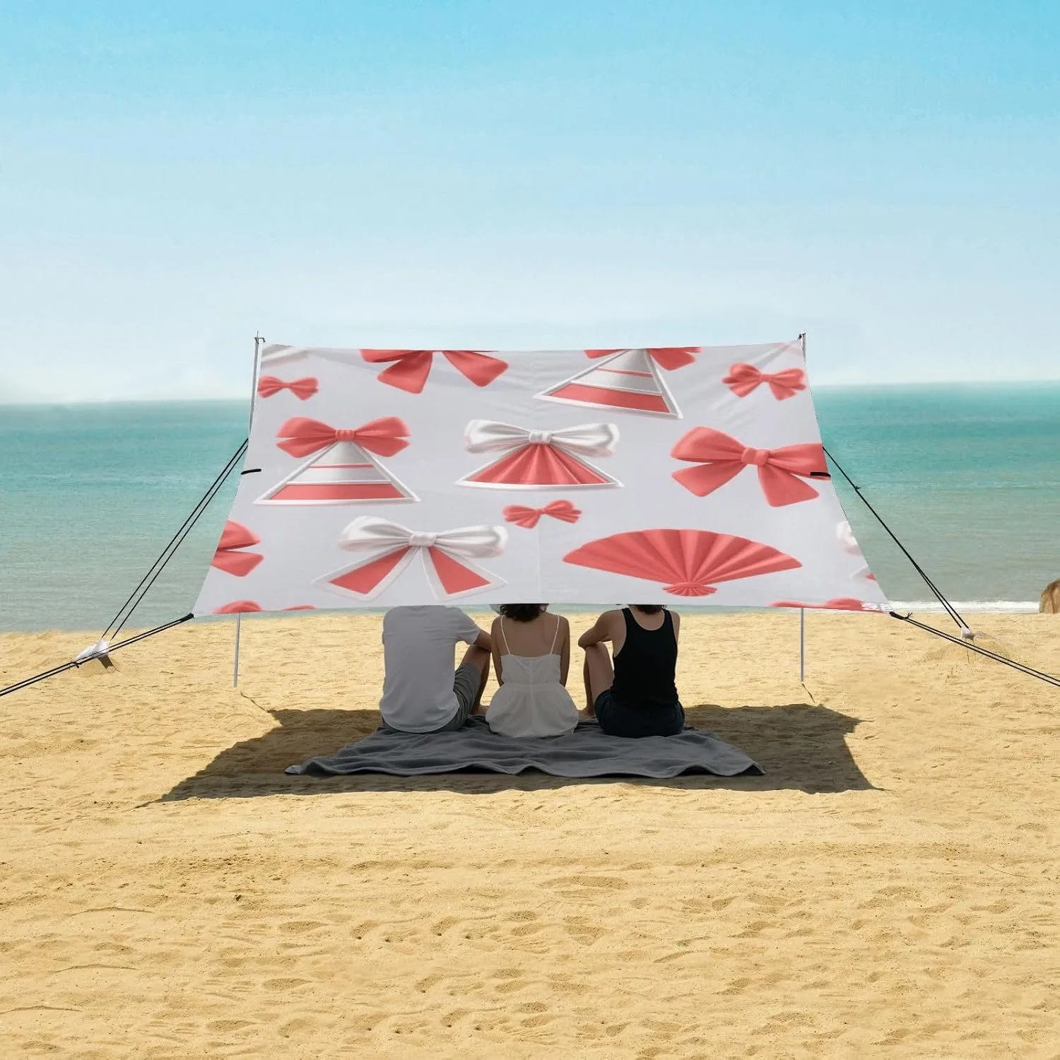 Beach Shade Tent with UPF50  UV Protection,Red Bows and Fan Lightweight Camping Sun Shelter for Outdoor,Camping Trips, Fishing, Backyard,Picnics,Easy Set Up and Carry 9x10.5 FT