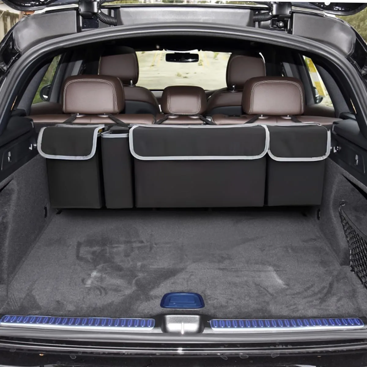 BELOMI Car Trunk Organizer, Auto Waterproof Sturdy Backseat Hanging Large Storage Collapsible Cargo Bag with Anti-Slip Adjustable Strip&4 Pockets, Vehicle Interior Accessories for Man Woman (Black)