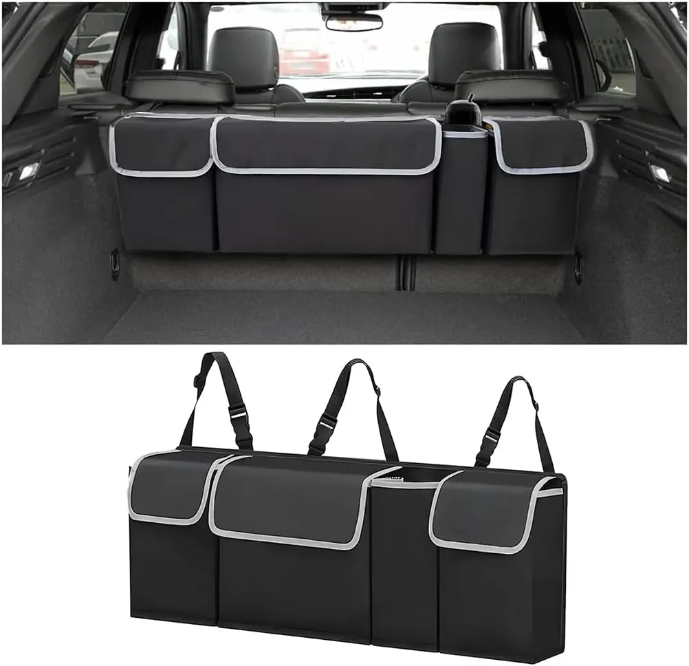 BELOMI Car Trunk Organizer, Auto Waterproof Sturdy Backseat Hanging Large Storage Collapsible Cargo Bag with Anti-Slip Adjustable Strip&4 Pockets, Vehicle Interior Accessories for Man Woman (Black)