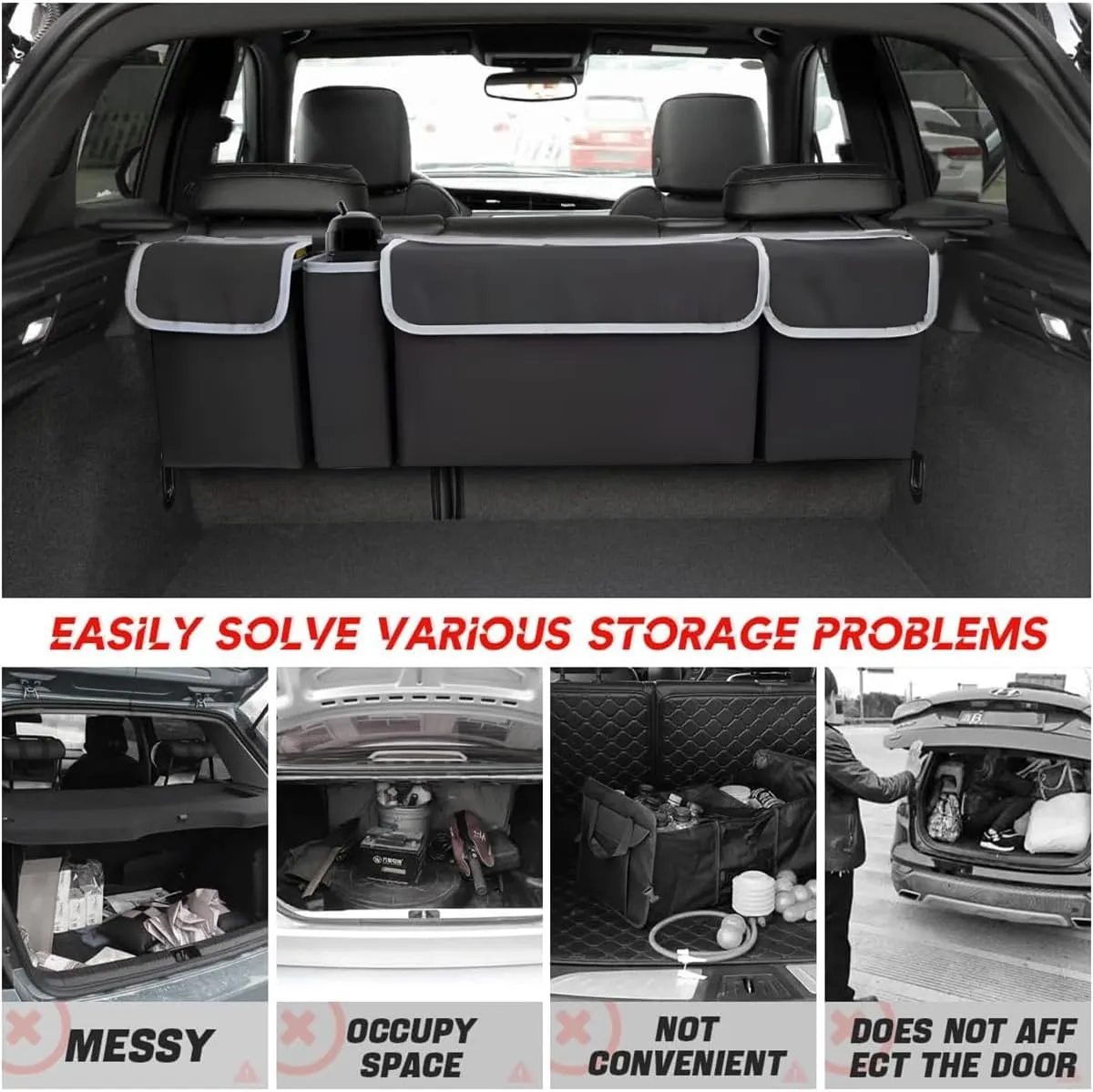 BELOMI Car Trunk Organizer, Auto Waterproof Sturdy Backseat Hanging Large Storage Collapsible Cargo Bag with Anti-Slip Adjustable Strip&4 Pockets, Vehicle Interior Accessories for Man Woman (Black)