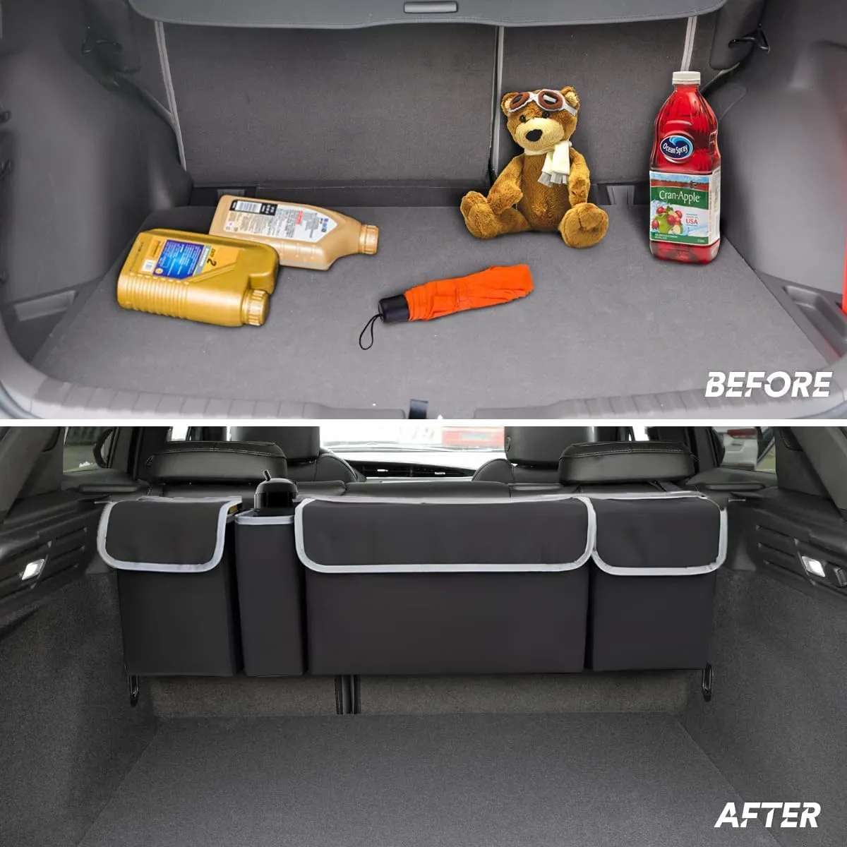 BELOMI Car Trunk Organizer, Auto Waterproof Sturdy Backseat Hanging Large Storage Collapsible Cargo Bag with Anti-Slip Adjustable Strip&4 Pockets, Vehicle Interior Accessories for Man Woman (Black)