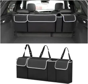BELOMI Car Trunk Organizer, Auto Waterproof Sturdy Backseat Hanging Large Storage Collapsible Cargo Bag with Anti-Slip Adjustable Strip&4 Pockets, Vehicle Interior Accessories for Man Woman (Black)