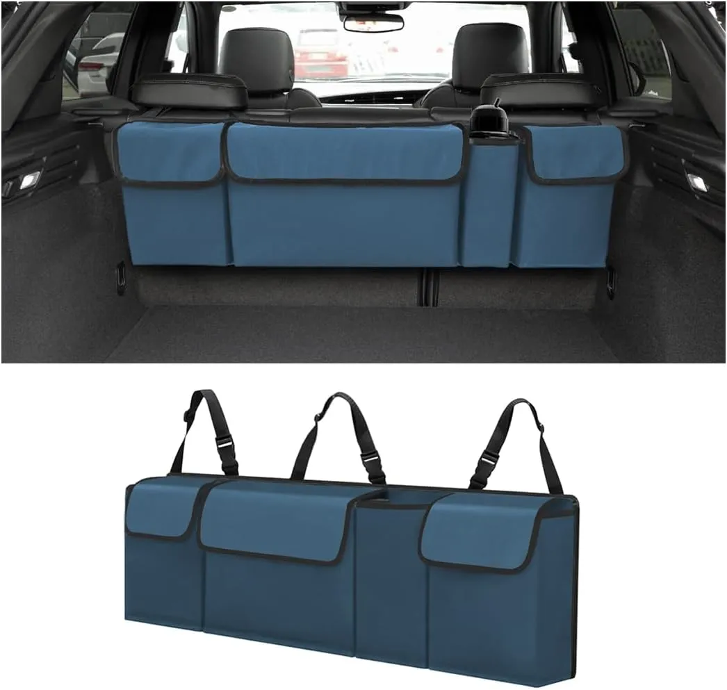 BELOMI Car Trunk Organizer, Auto Waterproof Sturdy Backseat Hanging Large Storage Collapsible Cargo Bag with Anti-Slip Adjustable Strip&4 Pockets, Vehicle Interior Accessories for Man Woman (Blue)