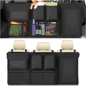 BESULEN Car Trunk Organizer, Hanging Cargo Bag with Large Pockets, Zippers Detachable Seat Back Storage with Lids, Equipped with Elastic Net, Foldable Space Saving Expert for Car, SUV, Van (Black)
