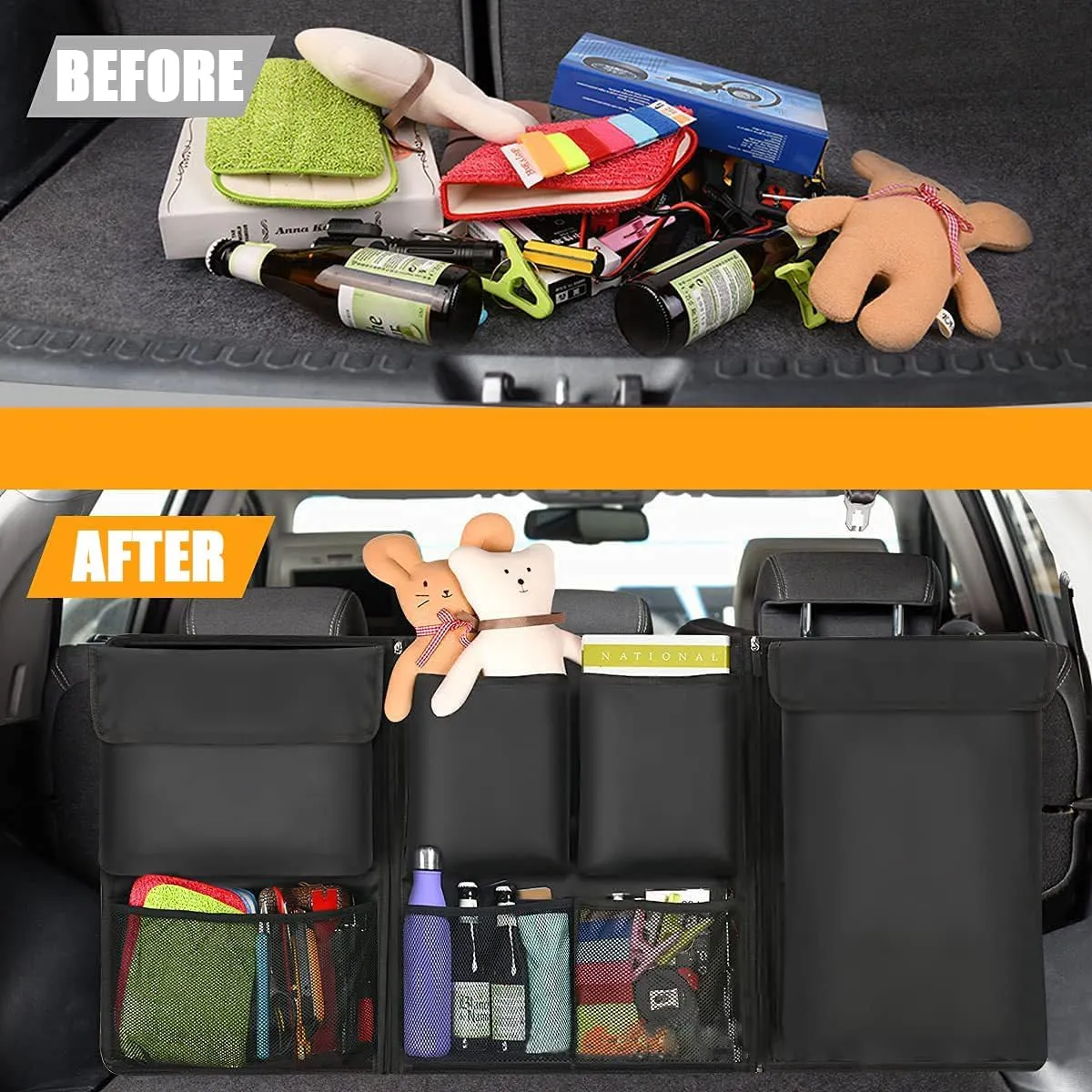 BESULEN Car Trunk Organizer, Hanging Cargo Bag with Large Pockets, Zippers Detachable Seat Back Storage with Lids, Equipped with Elastic Net, Foldable Space Saving Expert for Car, SUV, Van (Black)